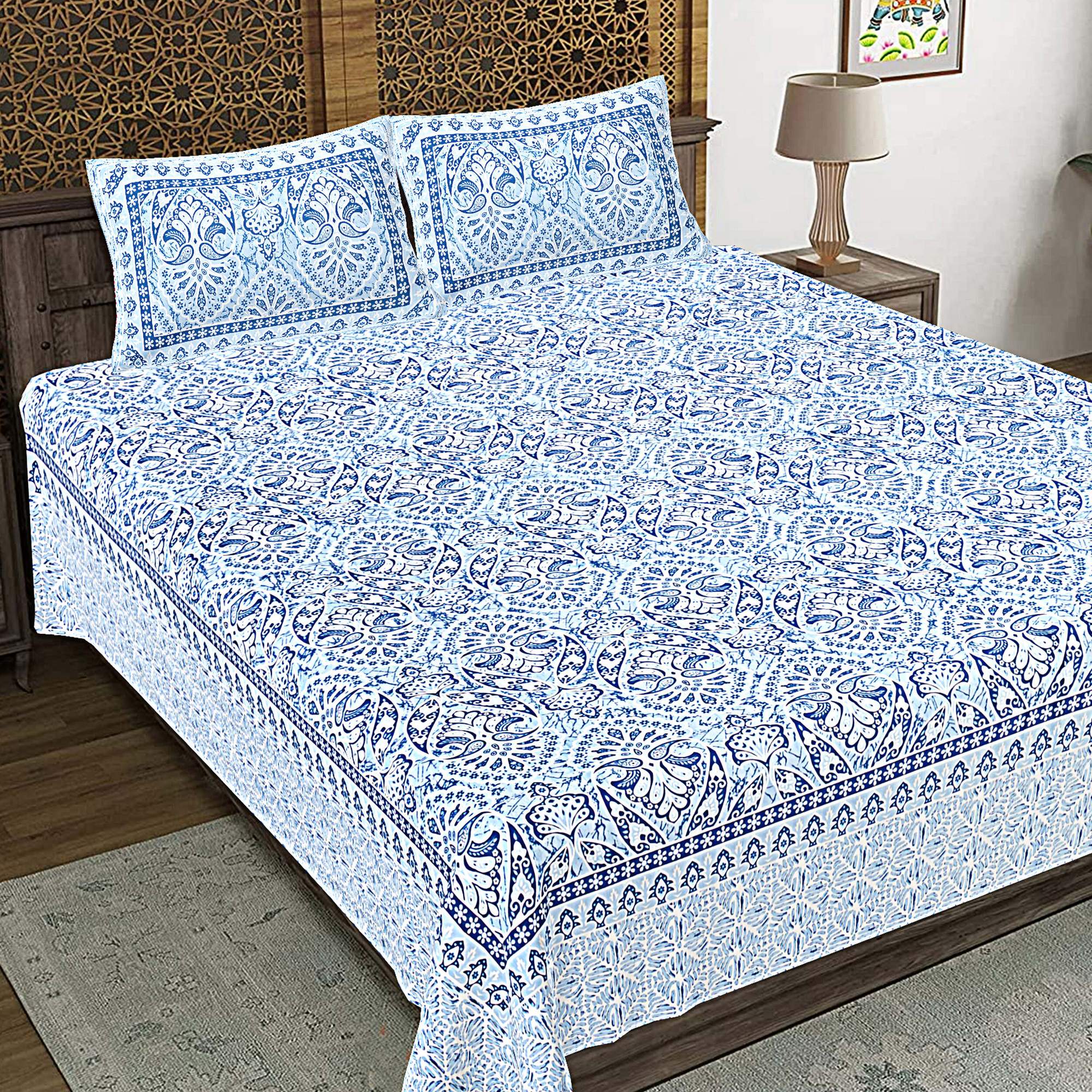 Rudra Bazaar Blue 210 TC Cotton Double King Bedsheet With 2 Pillow Covers - Distacart