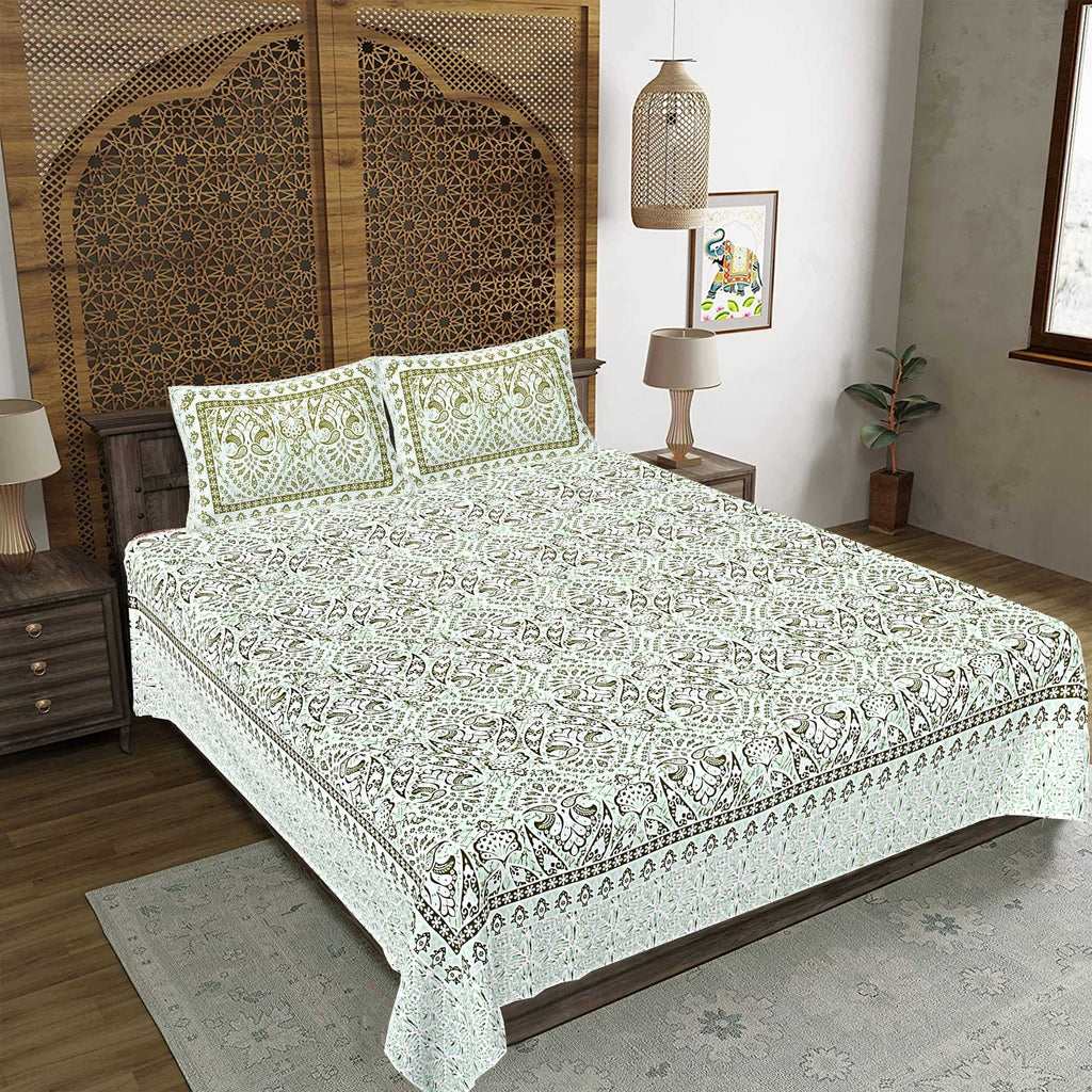 Rudra Bazaar Green 210 TC Cotton Double King Bedsheet With 2 Pillow Covers - Distacart