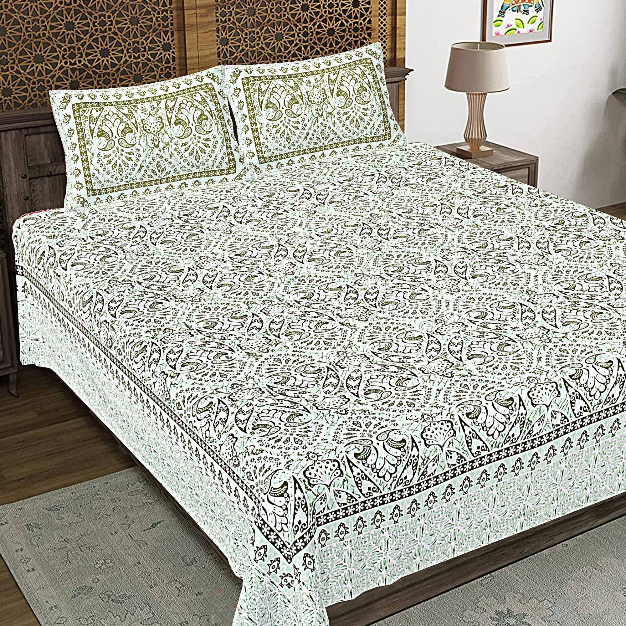 Rudra Bazaar Green 210 TC Cotton Double King Bedsheet With 2 Pillow Covers - Distacart