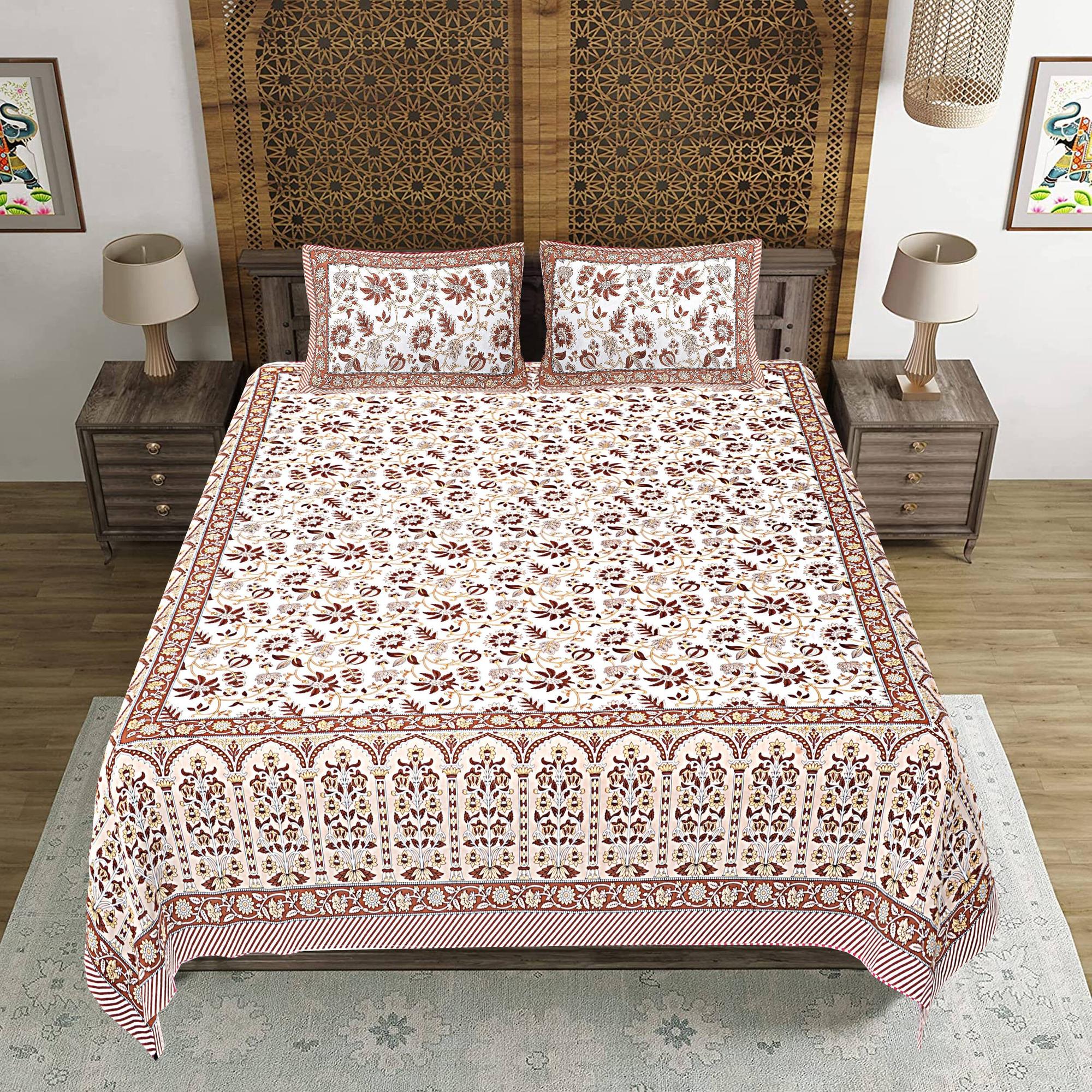 Rudra Bazaar Brown 210 TC Cotton Double King Bedsheet With 2 Pillow Covers - Distacart