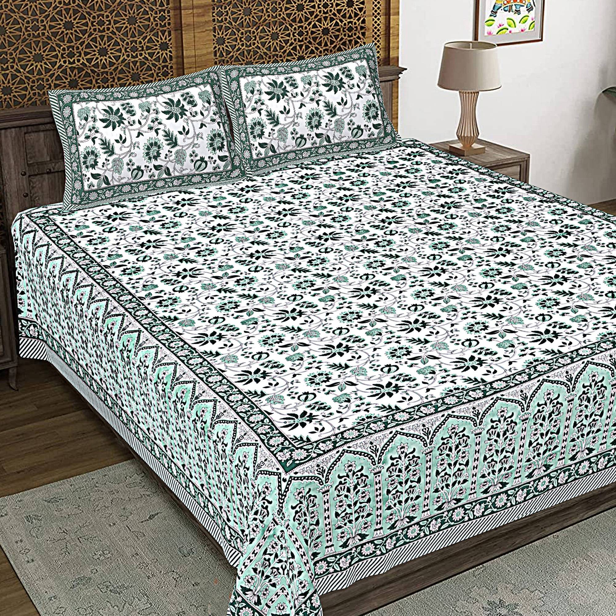 Rudra Bazaar Sea Green 210 TC Cotton Double King Bedsheet With 2 Pillow Covers - Distacart