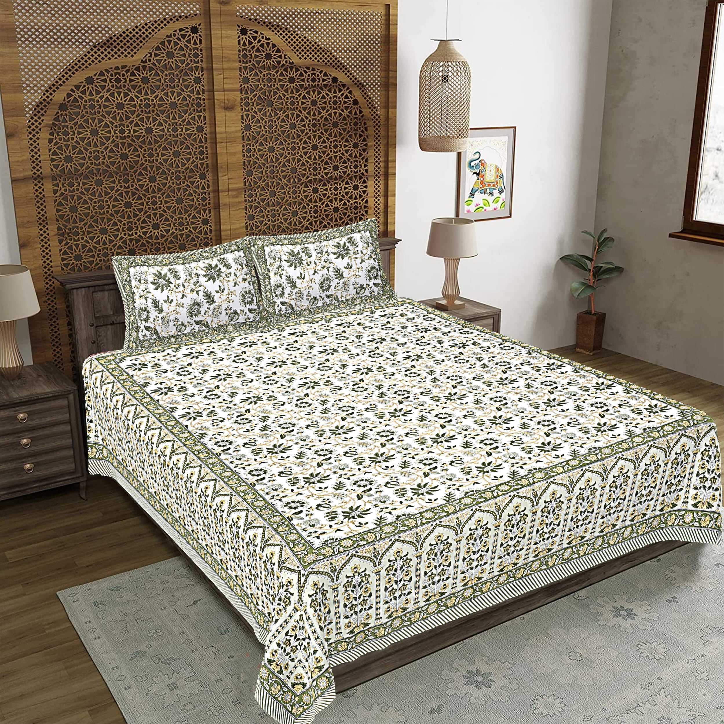 Rudra Bazaar Green 210 TC Cotton Double King Bedsheet With 2 Pillow Covers - Distacart