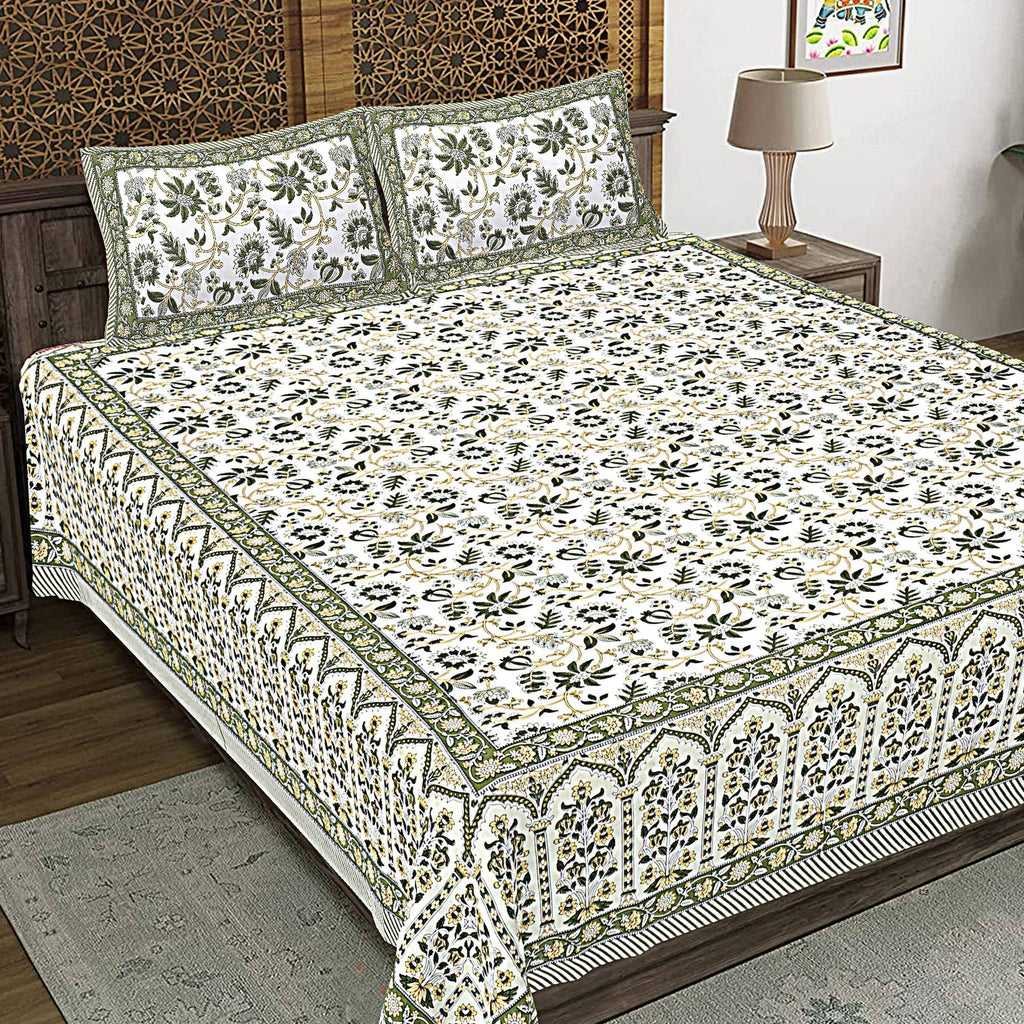 Rudra Bazaar Green 210 TC Cotton Double King Bedsheet With 2 Pillow Covers - Distacart