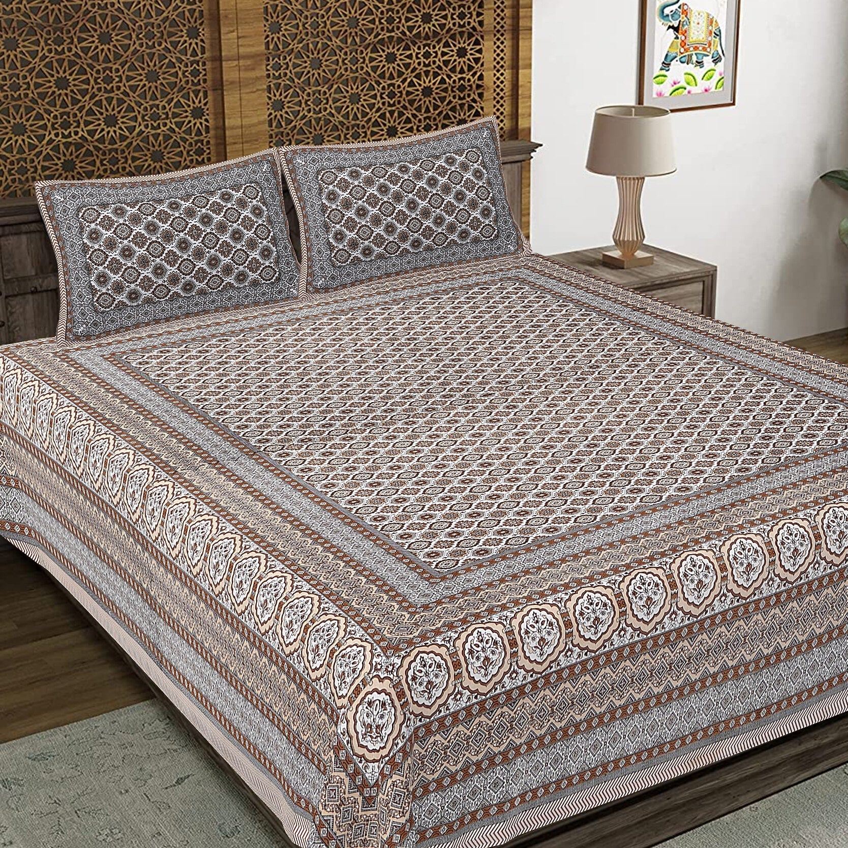 Rudra Bazaar Brown 210 TC Cotton Double King Bedsheet With 2 Pillow Covers - Distacart