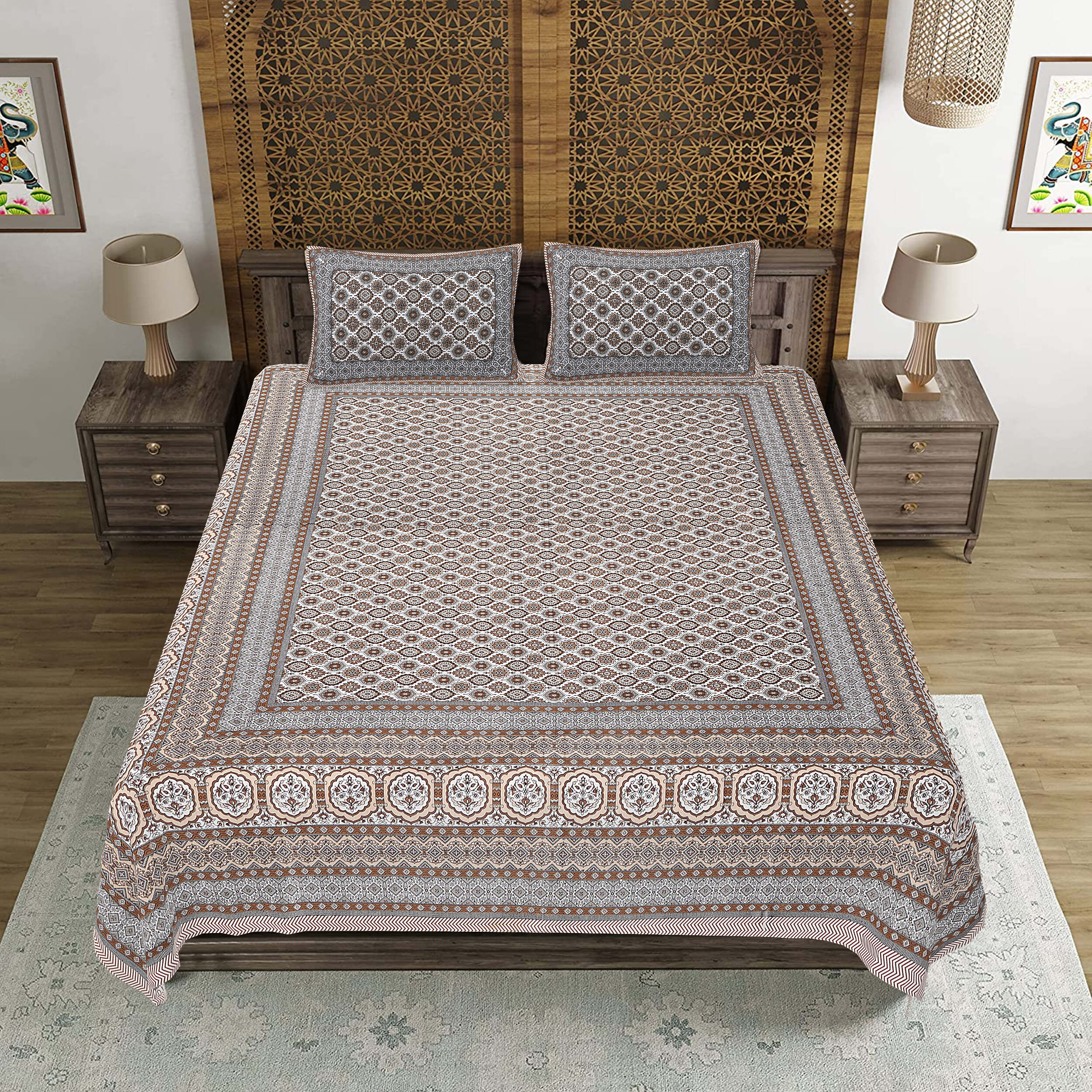 Rudra Bazaar Brown 210 TC Cotton Double King Bedsheet With 2 Pillow Covers - Distacart