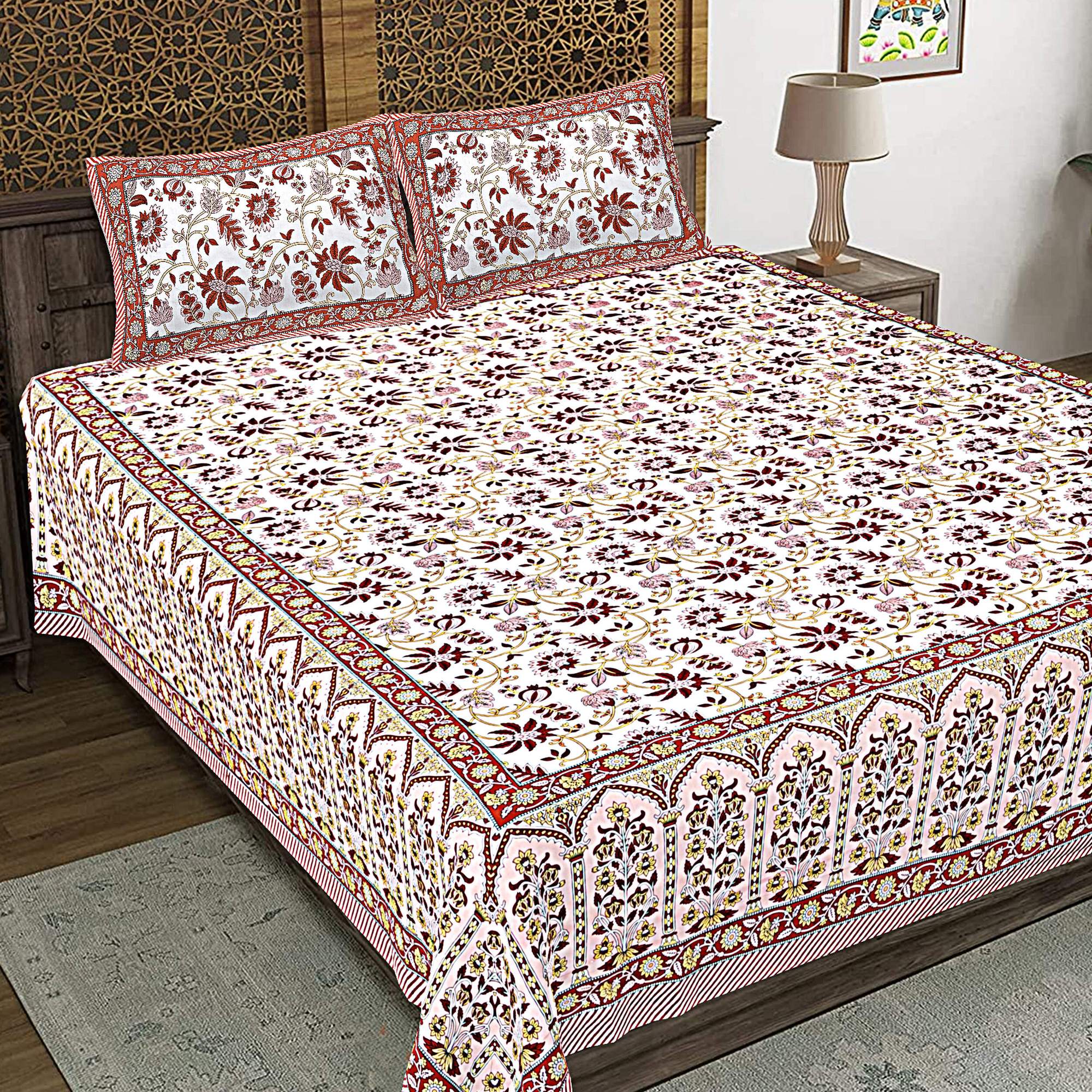 Rudra Bazaar Peach 210 TC Cotton Double King Bedsheet With 2 Pillow Covers - Distacart
