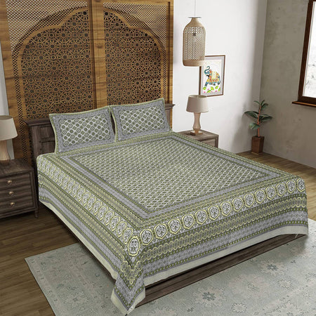 Rudra Bazaar Green 210 TC Cotton Double King Bedsheet With 2 Pillow Covers