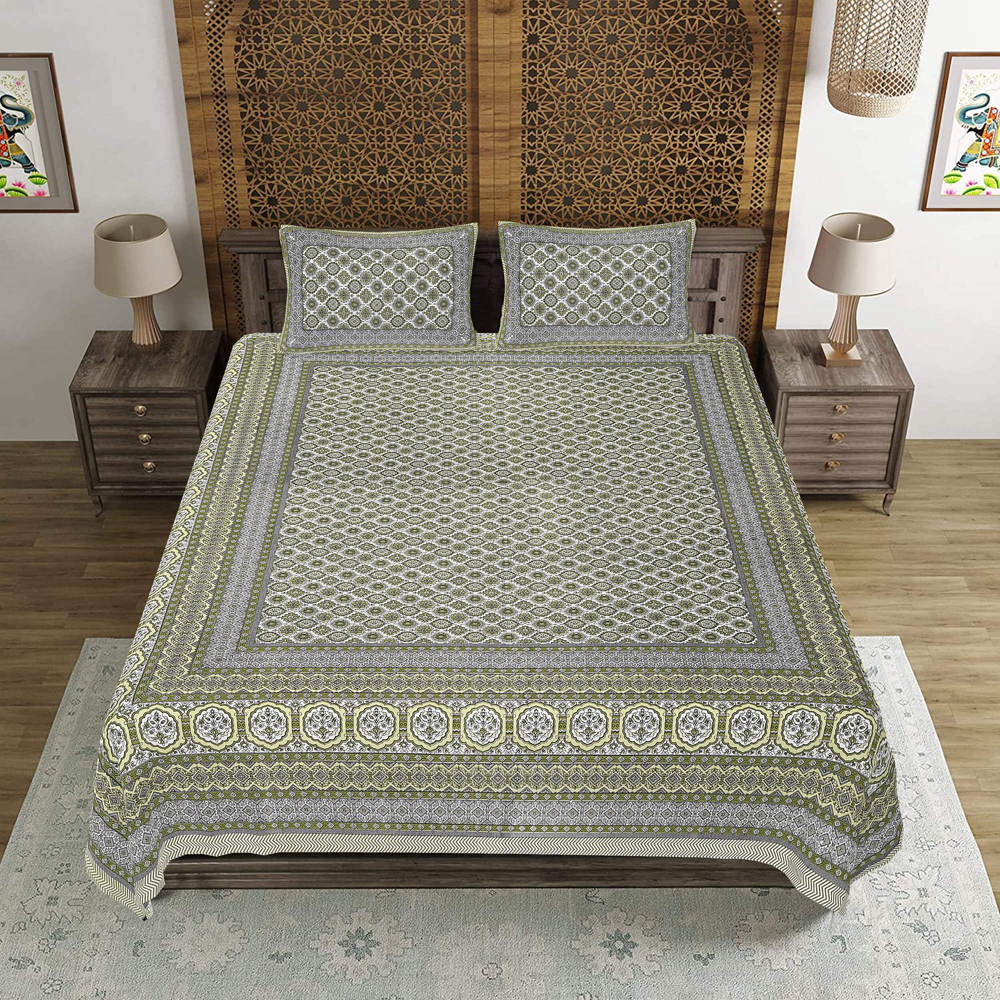 Rudra Bazaar Green 210 TC Cotton Double King Bedsheet With 2 Pillow Covers - Distacart