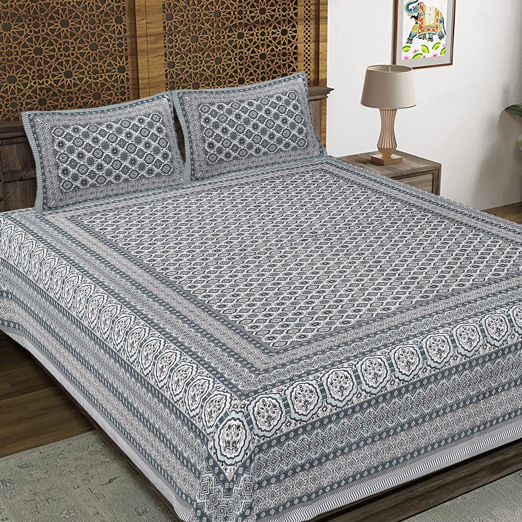 Rudra Bazaar Grey 210 TC Cotton Double King Bedsheet With 2 Pillow Covers - Distacart