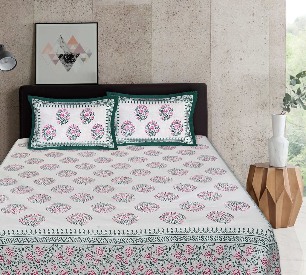 Rudra Bazaar Sea Green 210 TC Cotton Double King Bedsheet With 2 Pillow Covers - Distacart