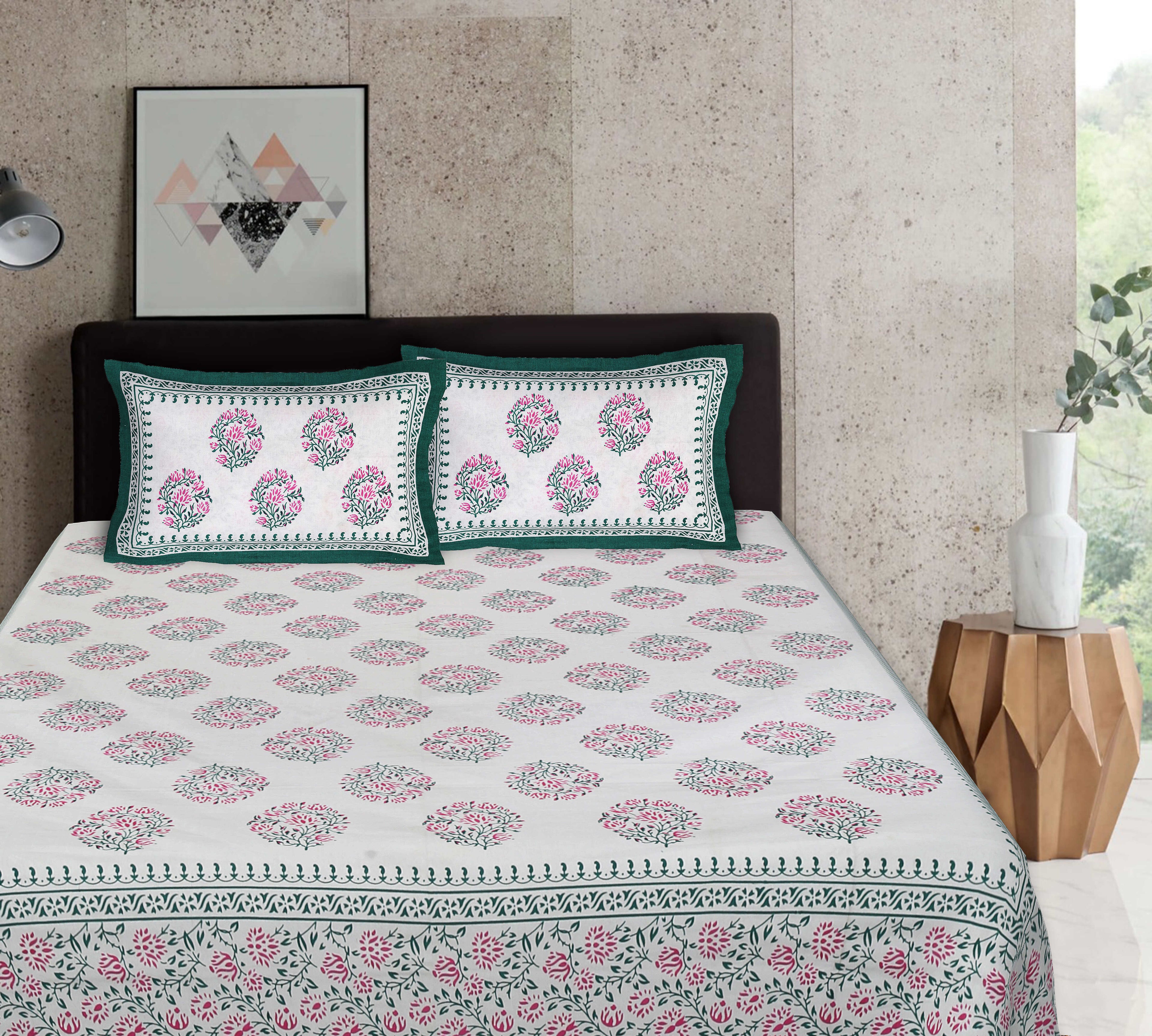 Rudra Bazaar Sea Green 210 TC Cotton Double King Bedsheet With 2 Pillow Covers - Distacart