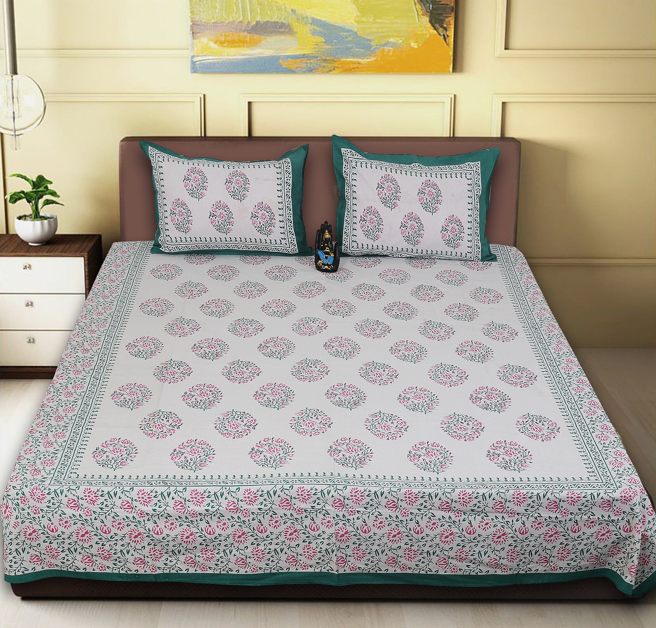 Rudra Bazaar Sea Green 210 TC Cotton Double King Bedsheet With 2 Pillow Covers - Distacart