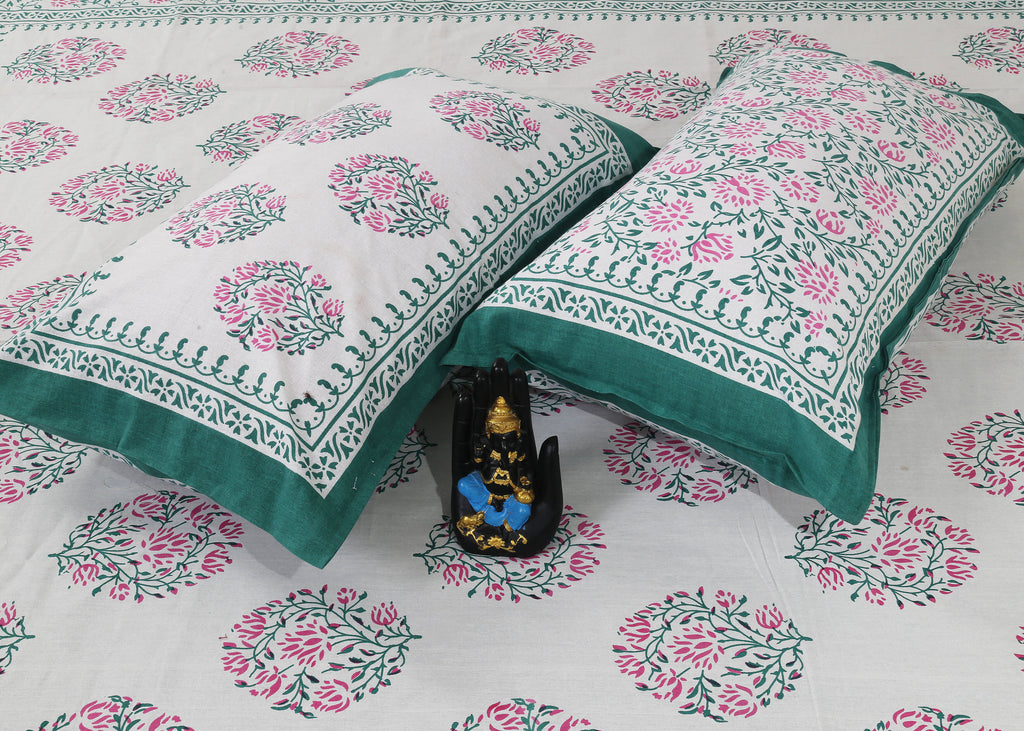 Rudra Bazaar Sea Green 210 TC Cotton Double King Bedsheet With 2 Pillow Covers - Distacart