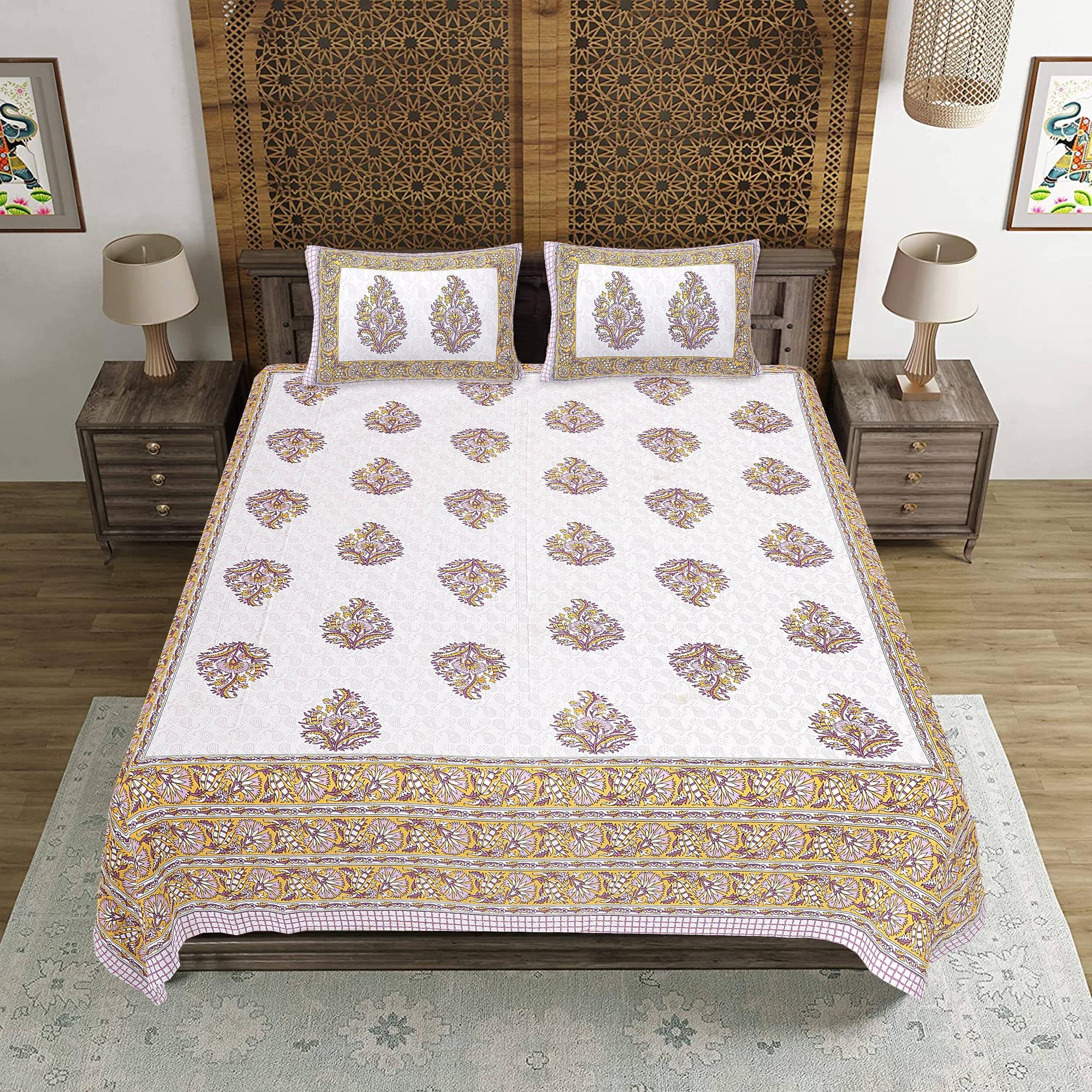 Rudra Bazaar Purple Gold 210 TC Cotton Double King Bedsheet With 2 Pillow Covers - Distacart