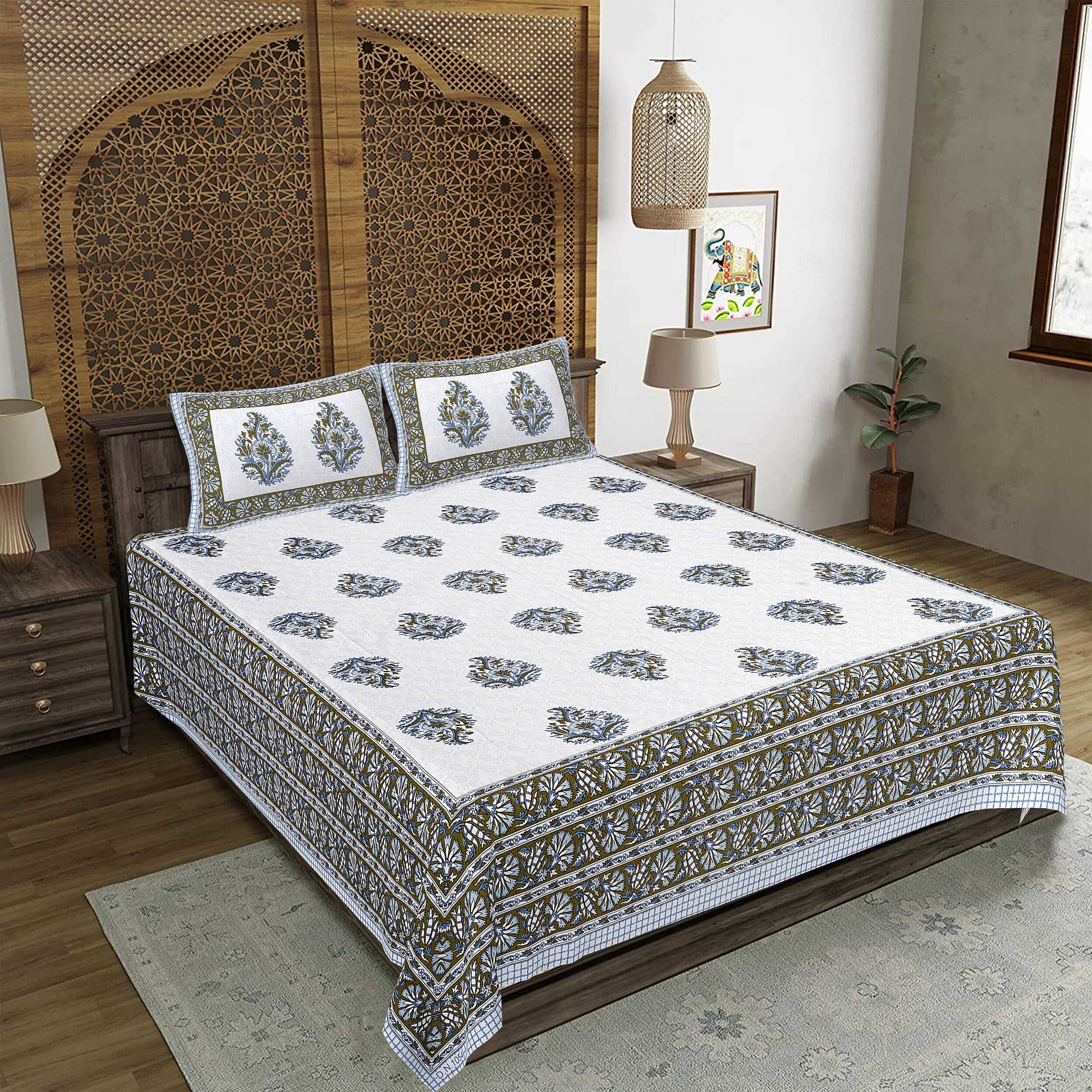 Rudra Bazaar Blue Green 210 TC Cotton Double King Bedsheet With 2 Pillow Covers - Distacart
