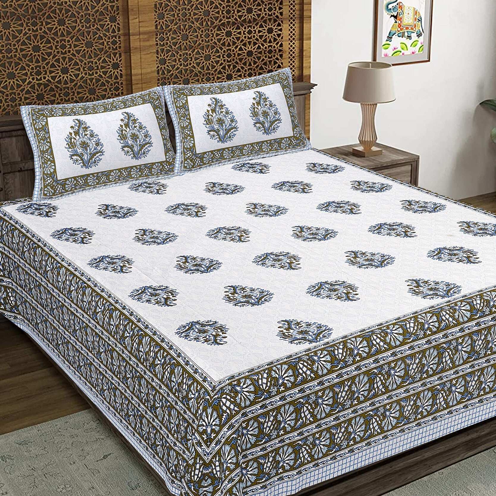 Rudra Bazaar Blue Green 210 TC Cotton Double King Bedsheet With 2 Pillow Covers - Distacart