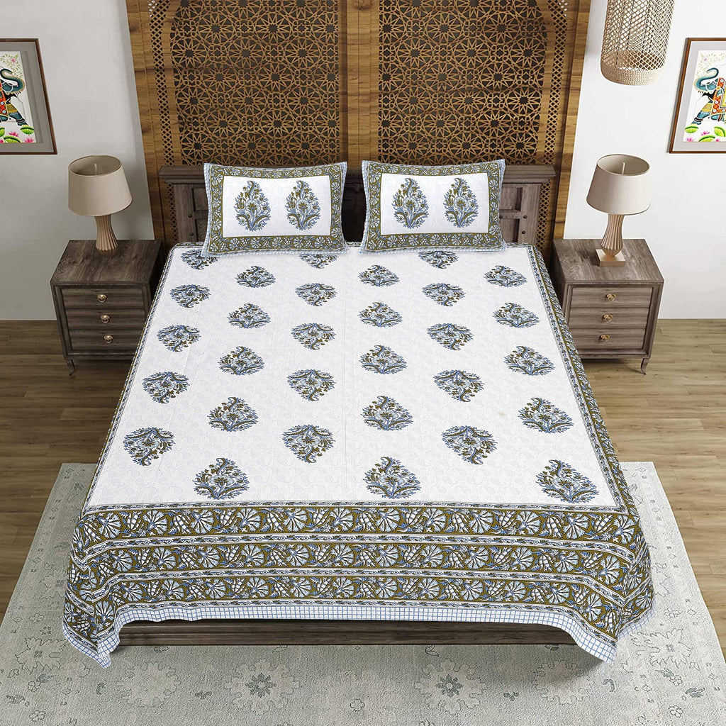 Rudra Bazaar Blue Green 210 TC Cotton Double King Bedsheet With 2 Pillow Covers - Distacart