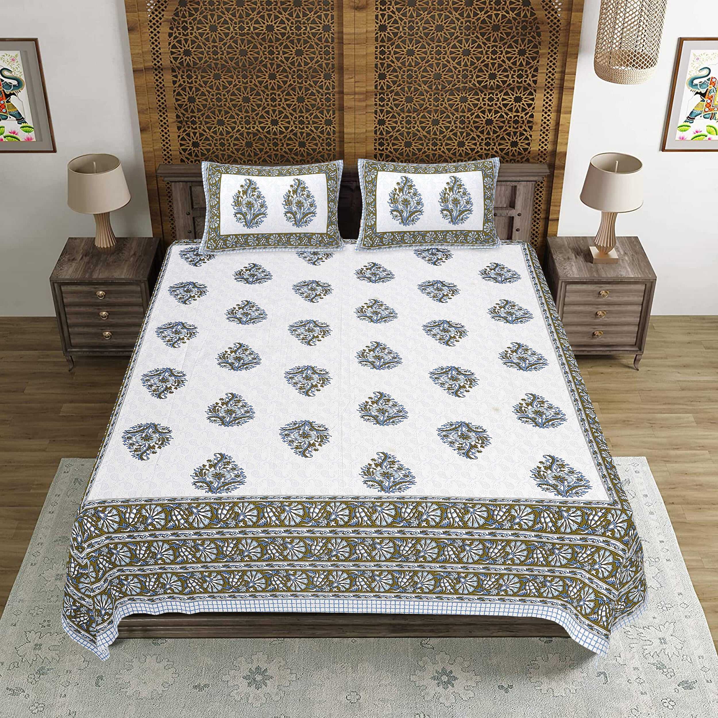 Rudra Bazaar Blue Green 210 TC Cotton Double King Bedsheet With 2 Pillow Covers - Distacart