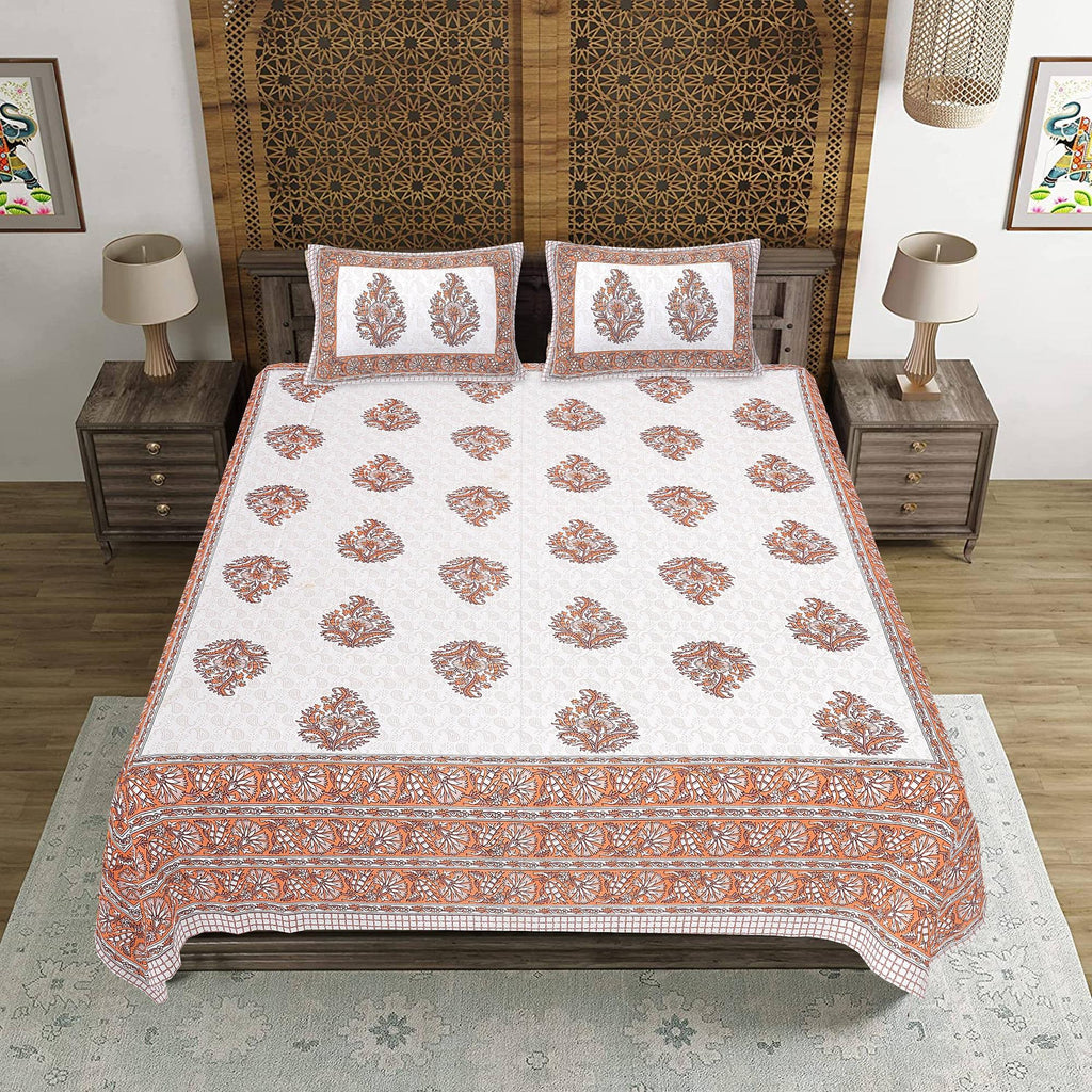 Rudra Bazaar Orange 210 TC Cotton Double King Bedsheet With 2 Pillow Covers - Distacart