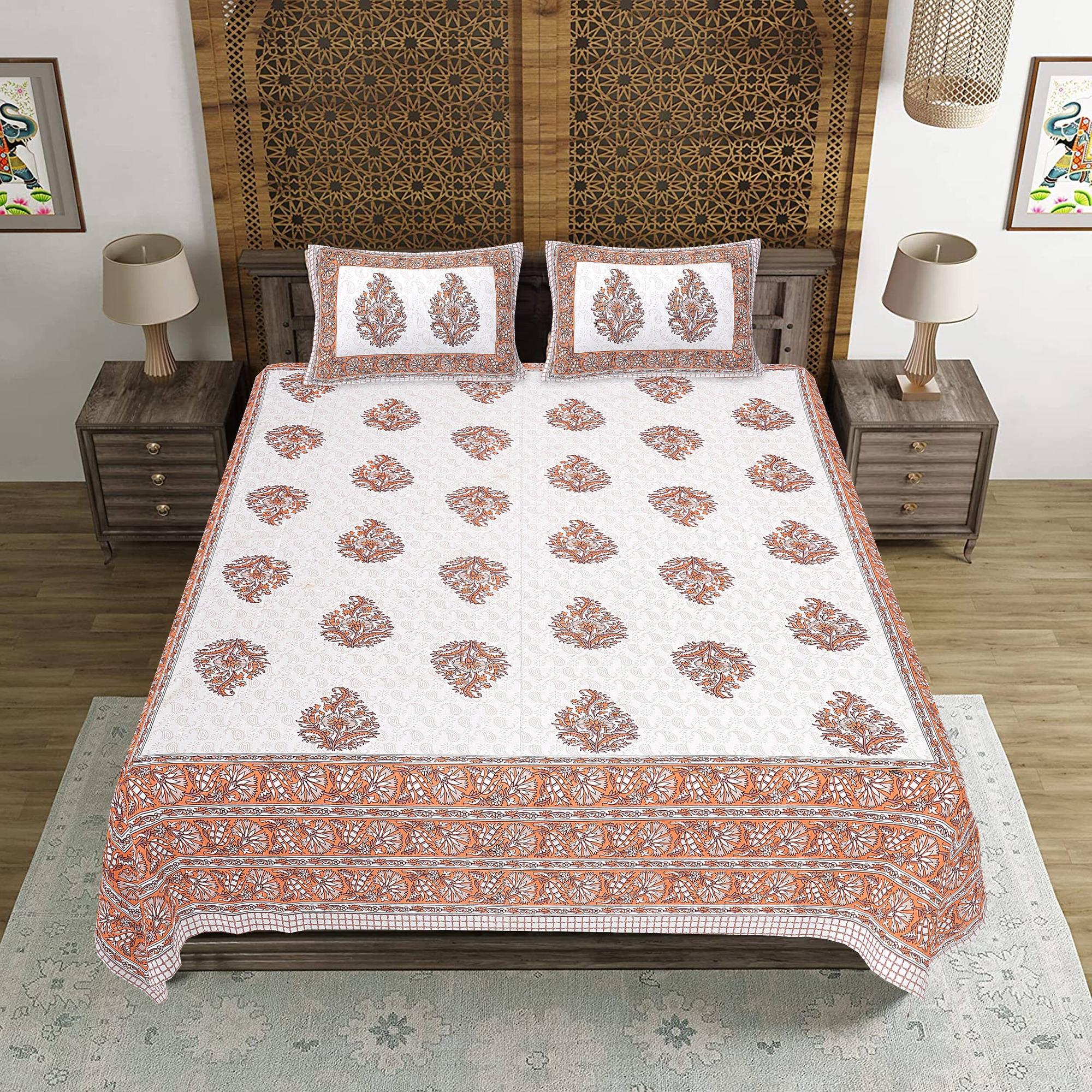 Rudra Bazaar Orange 210 TC Cotton Double King Bedsheet With 2 Pillow Covers - Distacart