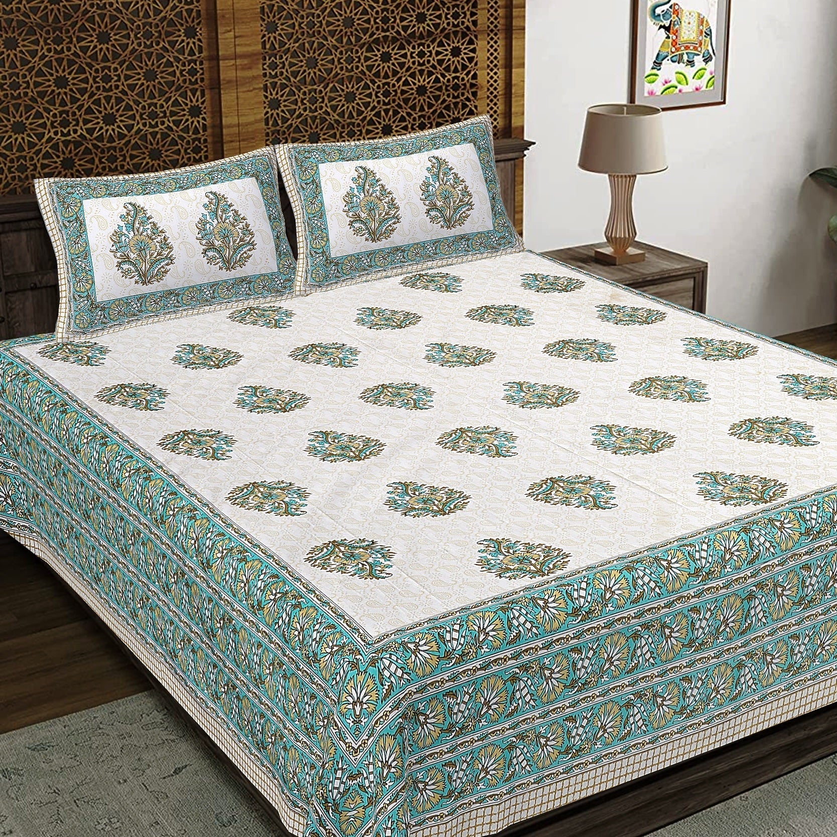 Rudra Bazaar Green 210 TC Cotton Double King Bedsheet With 2 Pillow Covers - Distacart