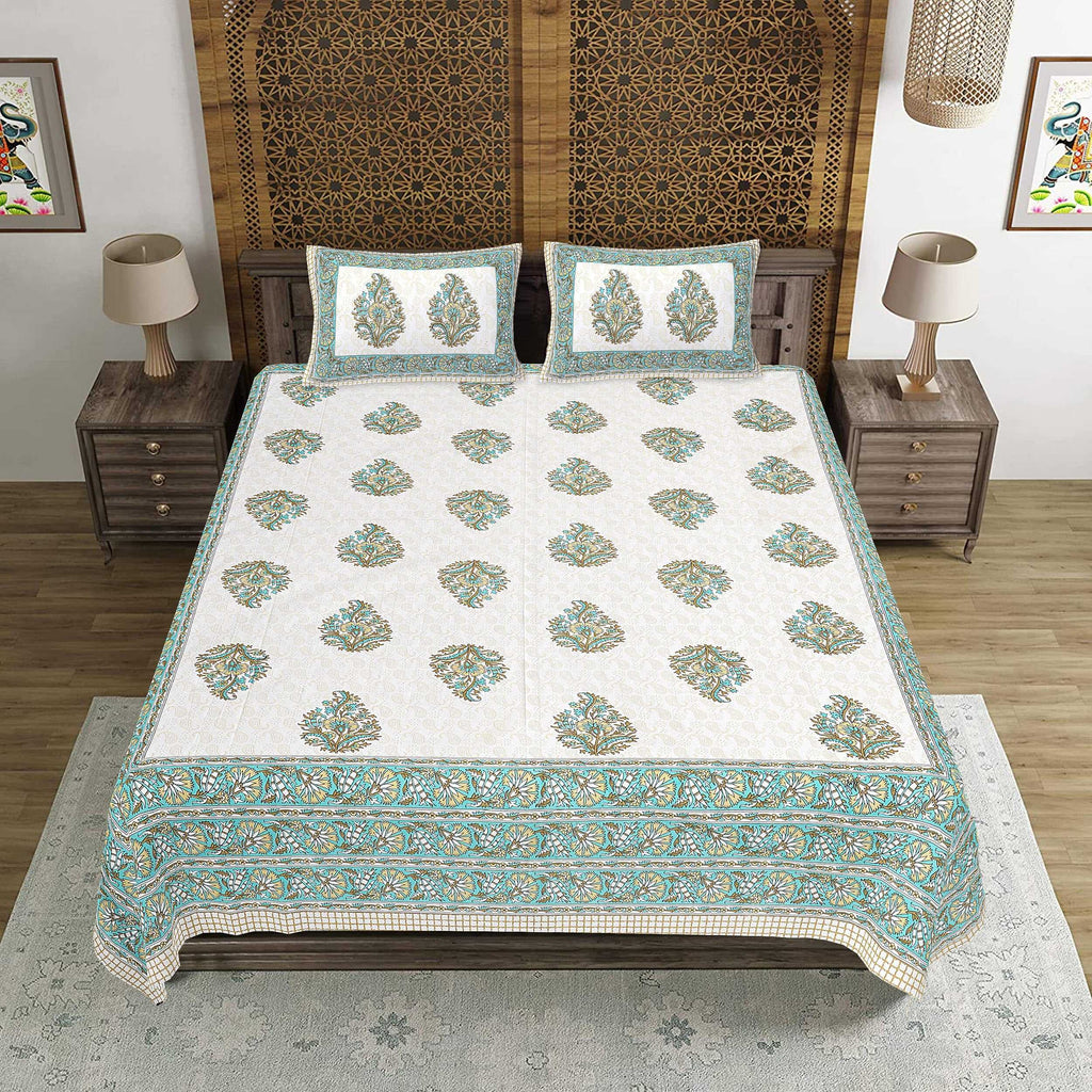 Rudra Bazaar Green 210 TC Cotton Double King Bedsheet With 2 Pillow Covers - Distacart