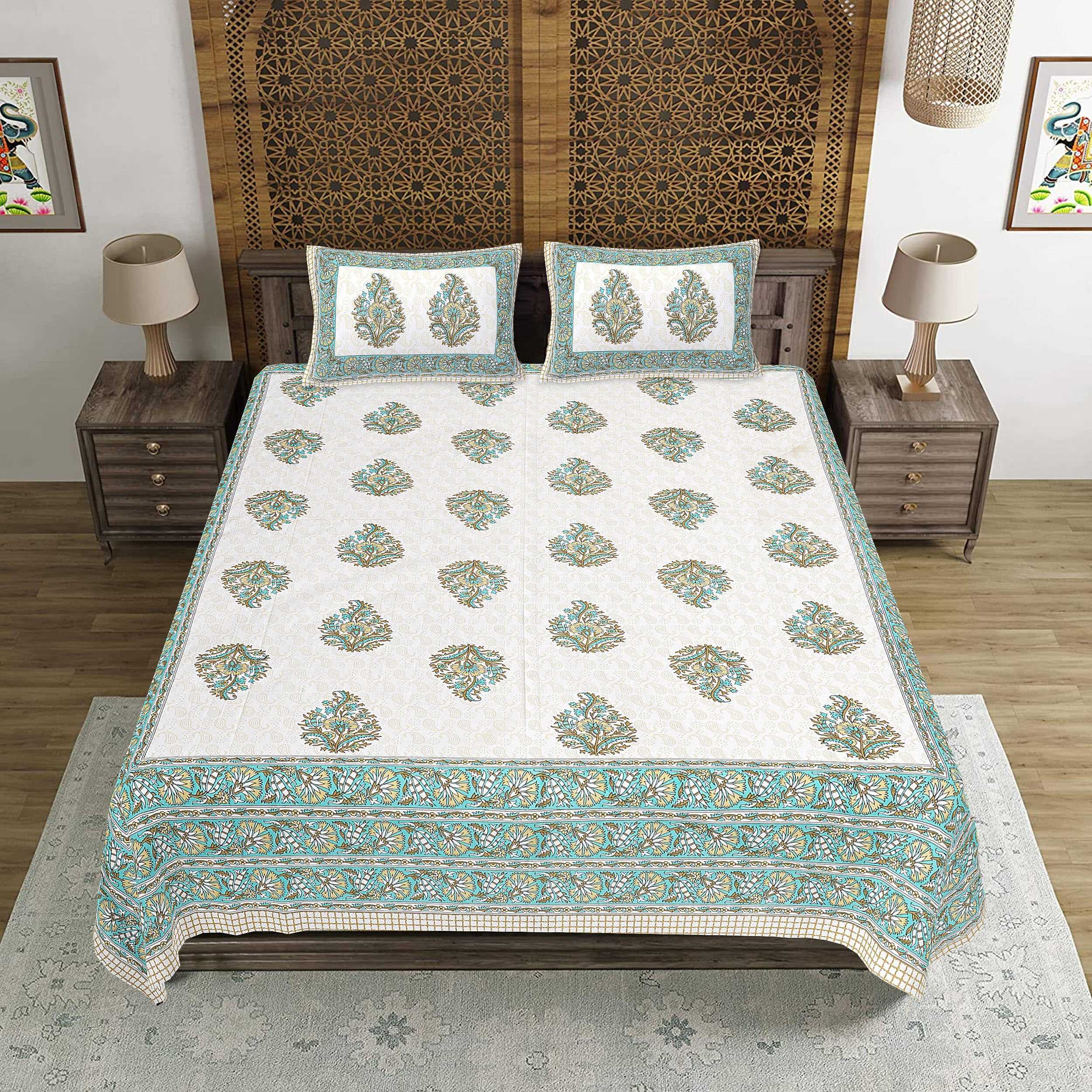 Rudra Bazaar Green 210 TC Cotton Double King Bedsheet With 2 Pillow Covers - Distacart