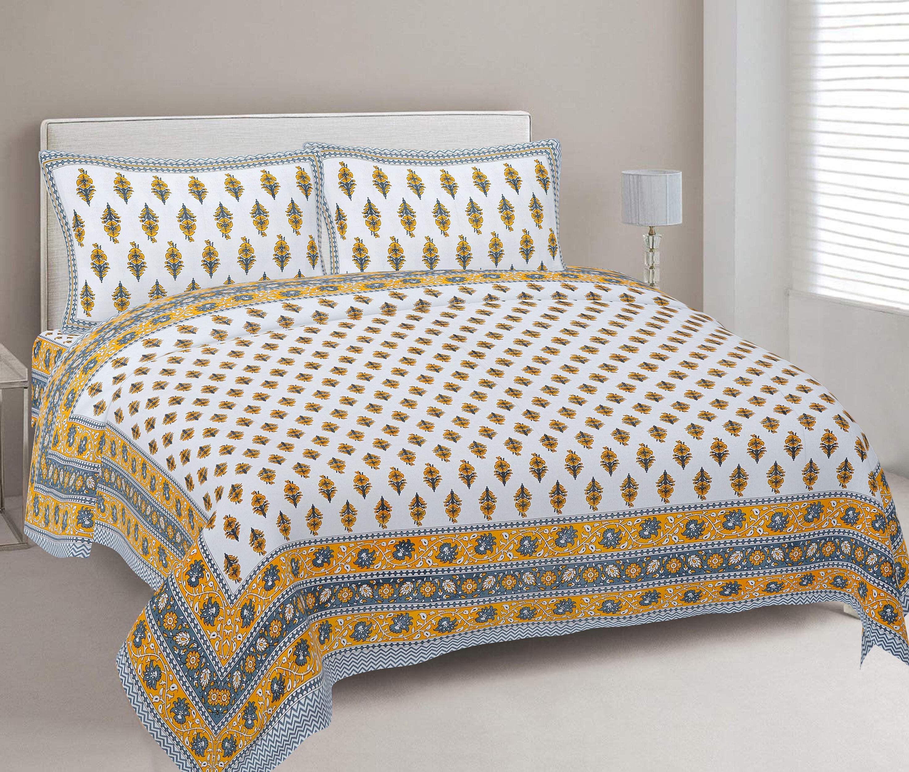 Rudra Bazaar Yellow 210 TC Cotton Double King Bedsheet With 2 Pillow Covers - Distacart