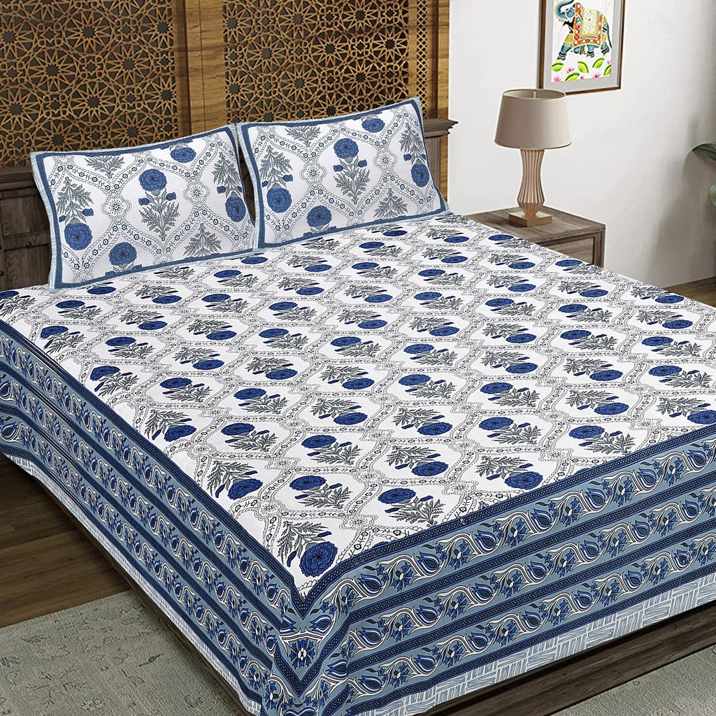 Rudra Bazaar Blue 210 TC Cotton Double King Bedsheet With 2 Pillow Covers - Distacart
