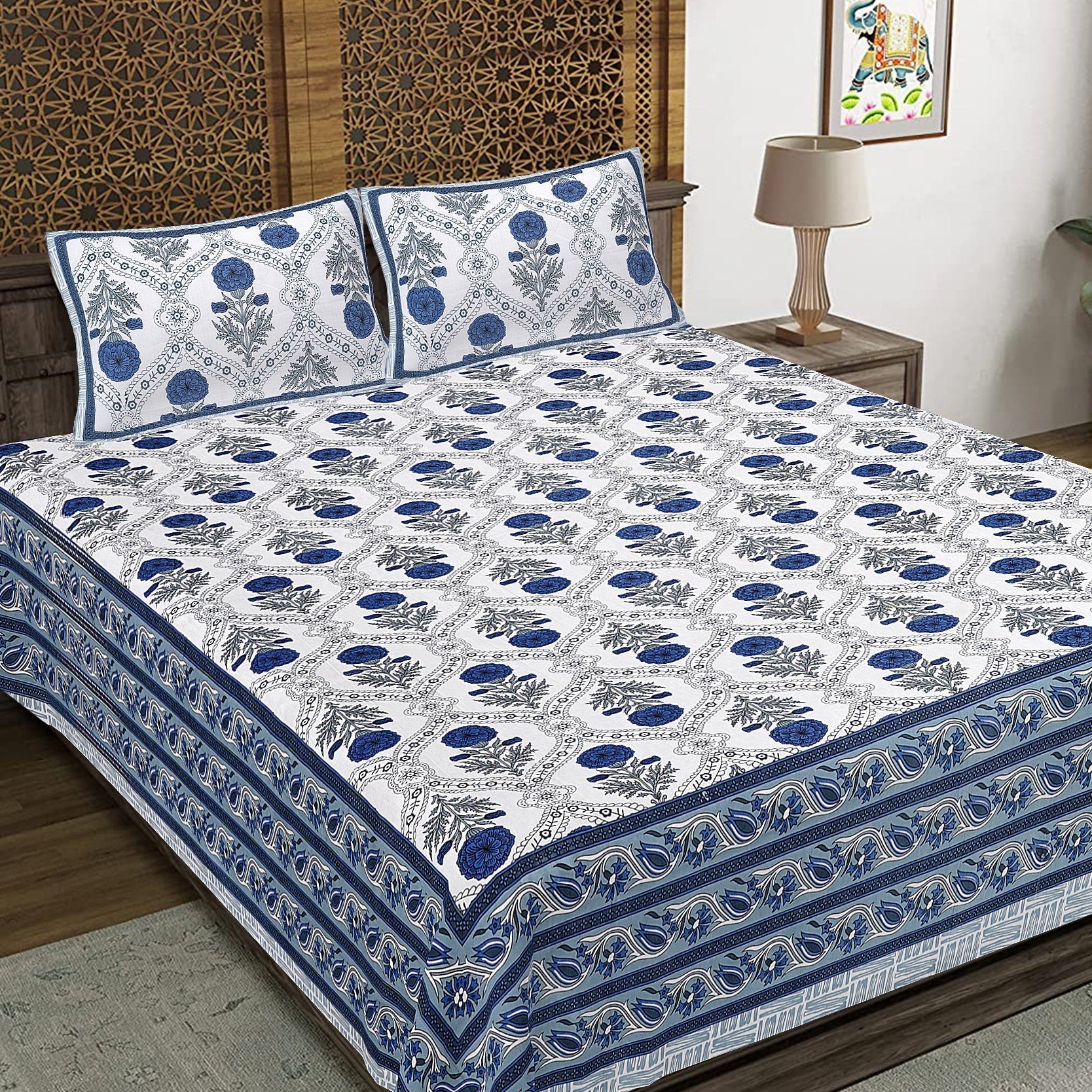 Rudra Bazaar Blue 210 TC Cotton Double King Bedsheet With 2 Pillow Covers - Distacart