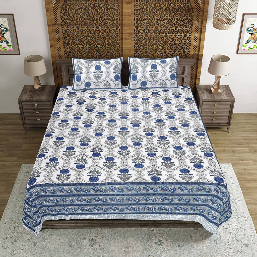 Rudra Bazaar Blue 210 TC Cotton Double King Bedsheet With 2 Pillow Covers - Distacart