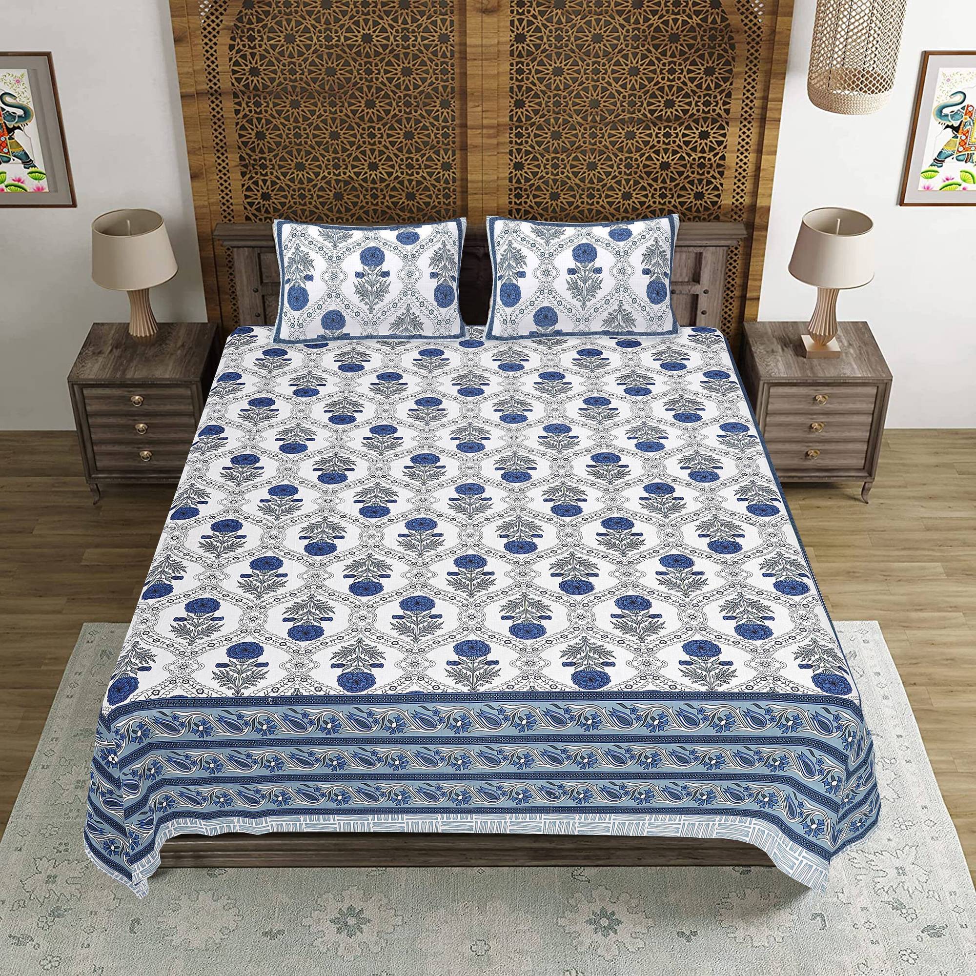 Rudra Bazaar Blue 210 TC Cotton Double King Bedsheet With 2 Pillow Covers - Distacart