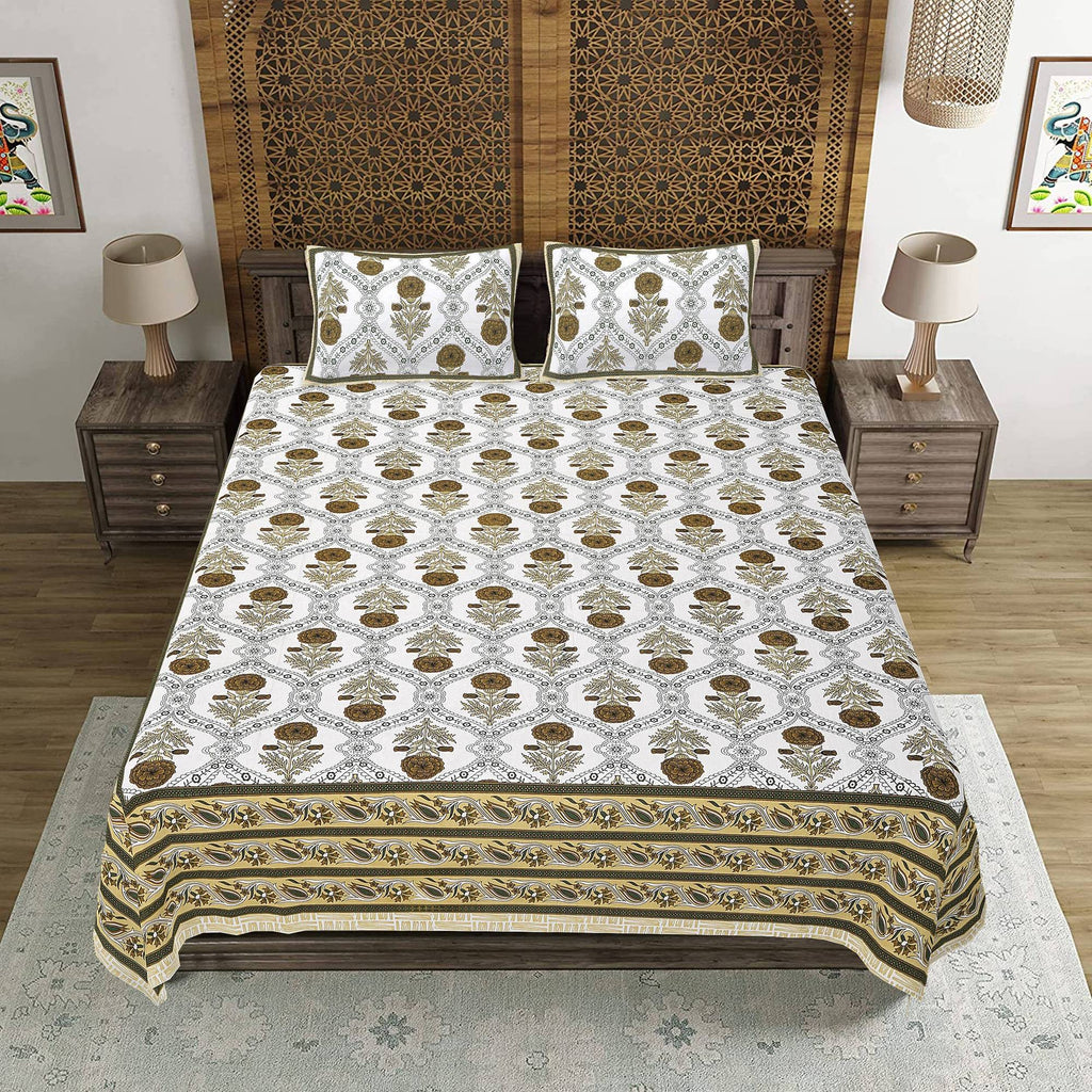 Rudra Bazaar Green 210 TC Cotton Double King Bedsheet With 2 Pillow Covers - Distacart