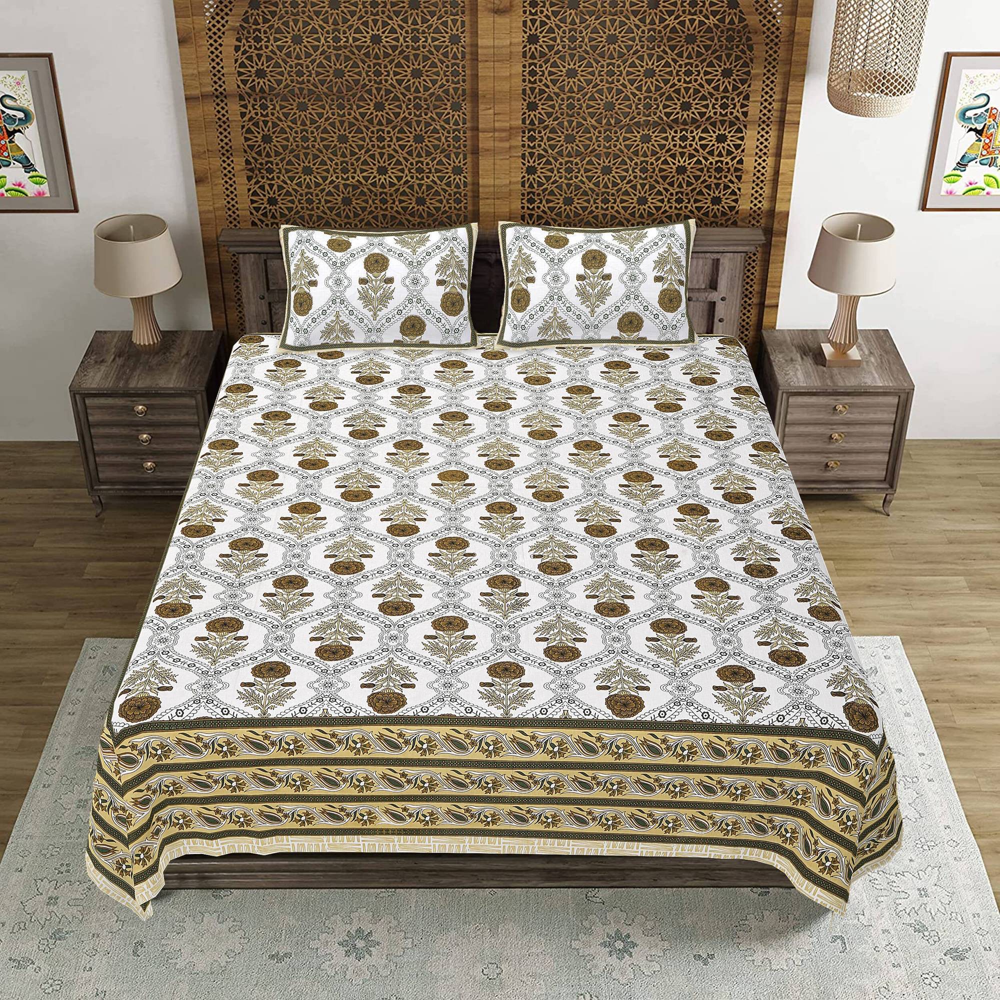 Rudra Bazaar Green 210 TC Cotton Double King Bedsheet With 2 Pillow Covers - Distacart