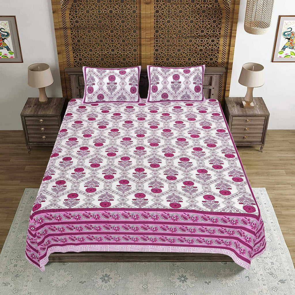 Rudra Bazaar Pink 210 TC Cotton Double King Bedsheet With 2 Pillow Covers - Distacart