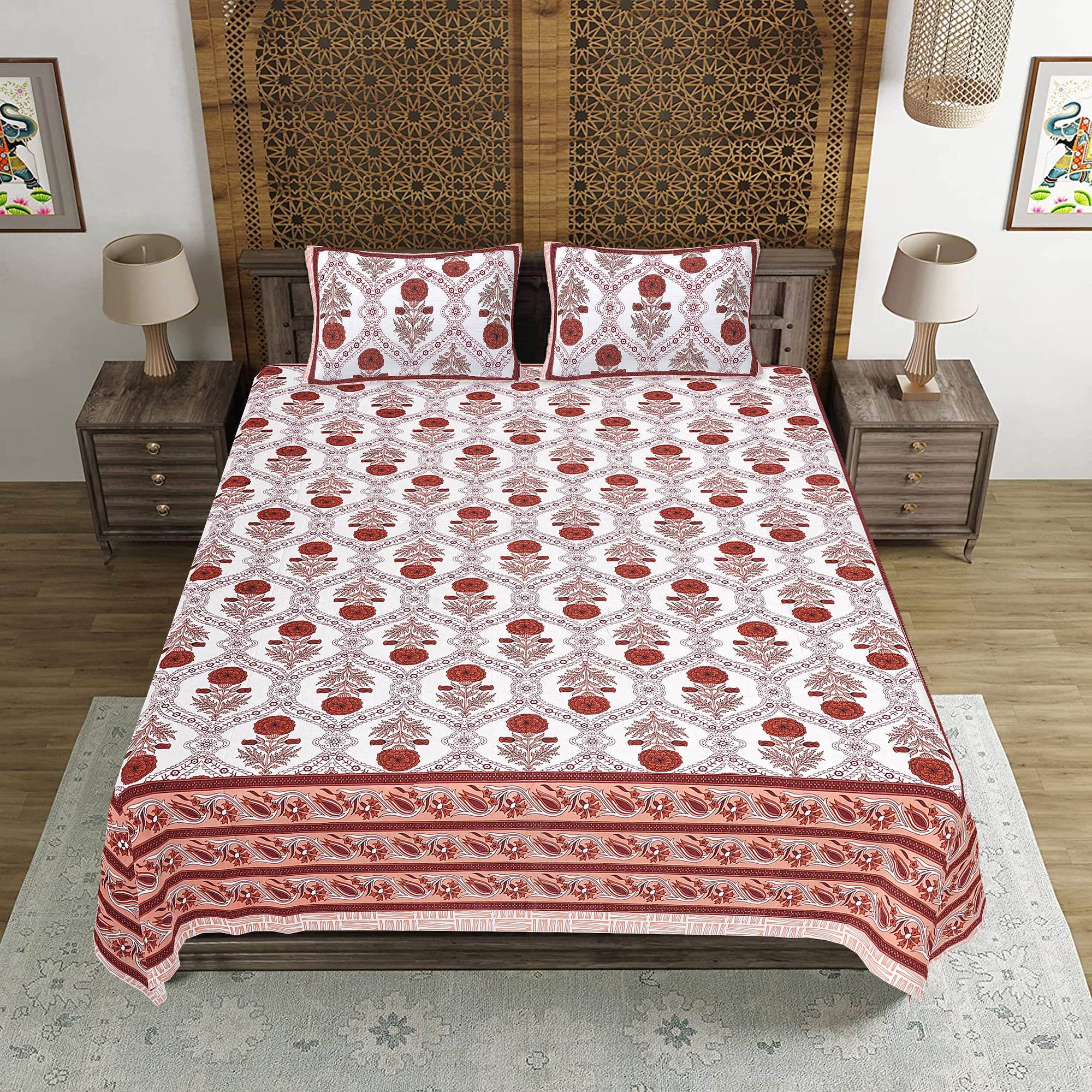 Rudra Bazaar Rust 210 TC Cotton Double King Bedsheet With 2 Pillow Covers - Distacart