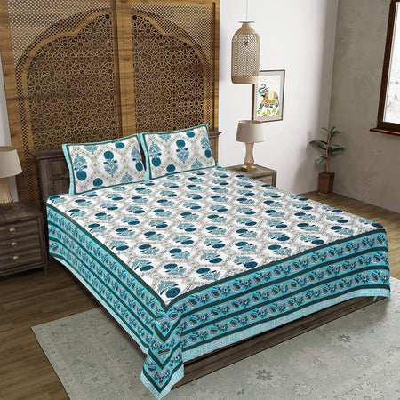 Rudra Bazaar Turquoise Blue 210 TC Cotton Double King Bedsheet With 2 Pillow Covers