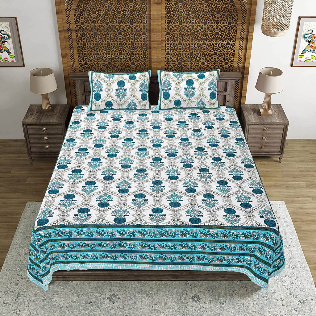 Rudra Bazaar Turquoise Blue 210 TC Cotton Double King Bedsheet With 2 Pillow Covers - Distacart
