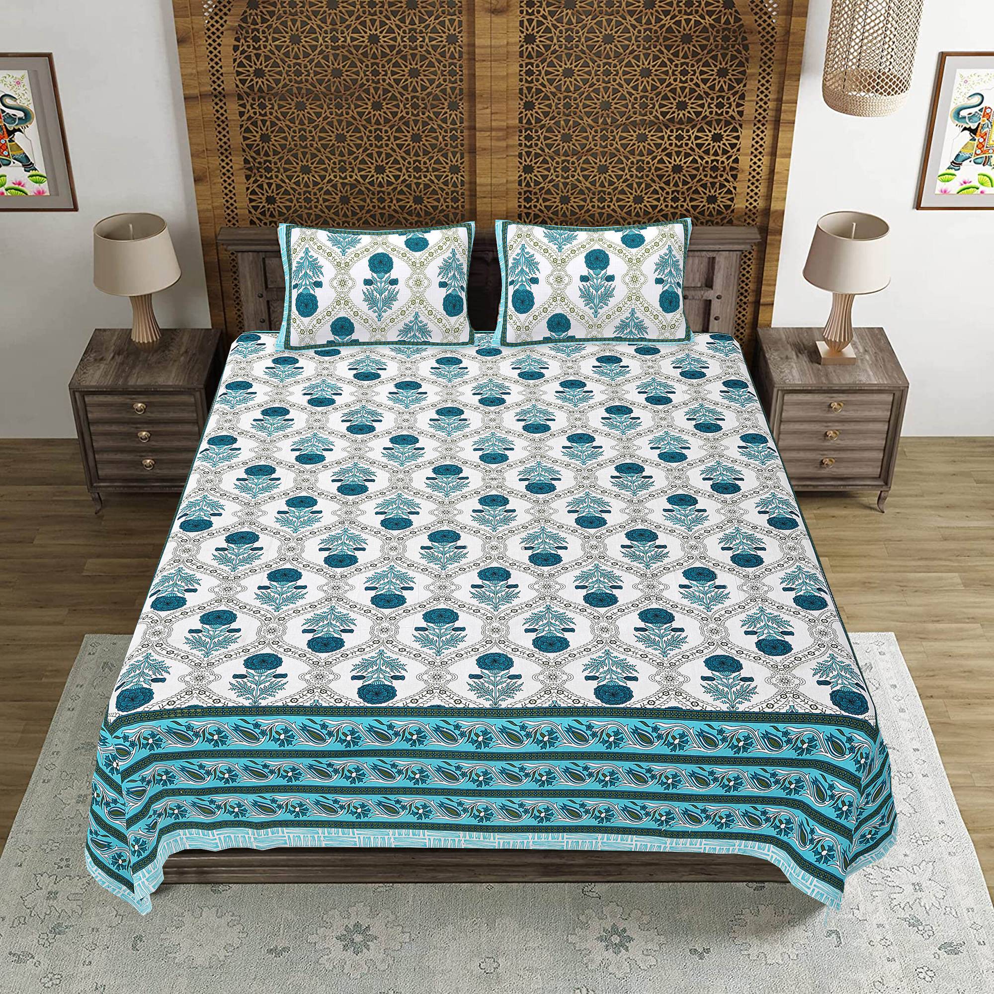 Rudra Bazaar Turquoise Blue 210 TC Cotton Double King Bedsheet With 2 Pillow Covers - Distacart