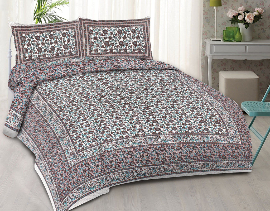 Rudra Bazaar Blue Brown 210 TC Cotton Double King Bedsheet With 2 Pillow Covers - Distacart