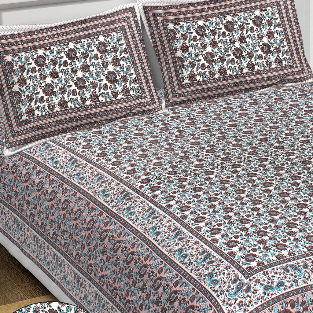 Rudra Bazaar Blue Brown 210 TC Cotton Double King Bedsheet With 2 Pillow Covers - Distacart