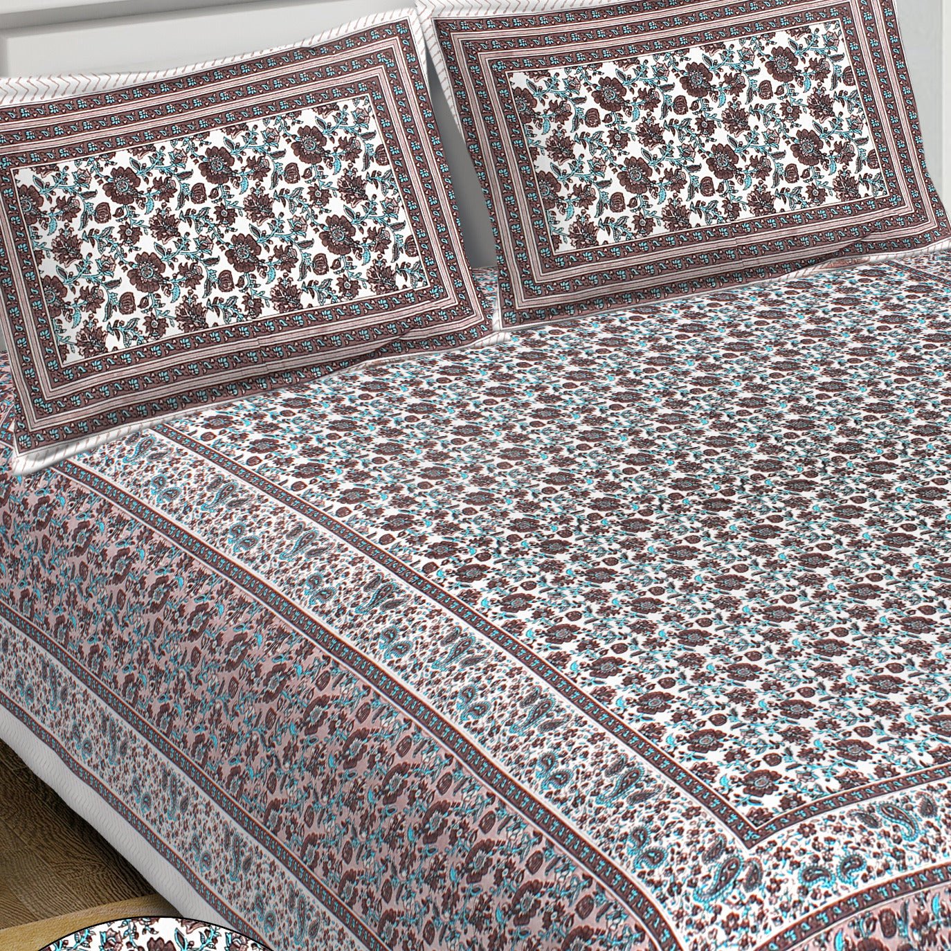 Rudra Bazaar Blue Brown 210 TC Cotton Double King Bedsheet With 2 Pillow Covers - Distacart
