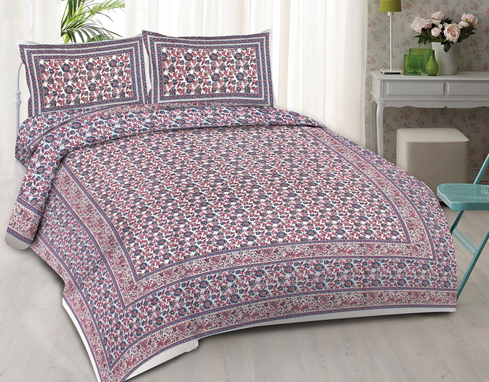 Rudra Bazaar Blue Pink 210 TC Cotton Double King Bedsheet With 2 Pillow Covers - Distacart