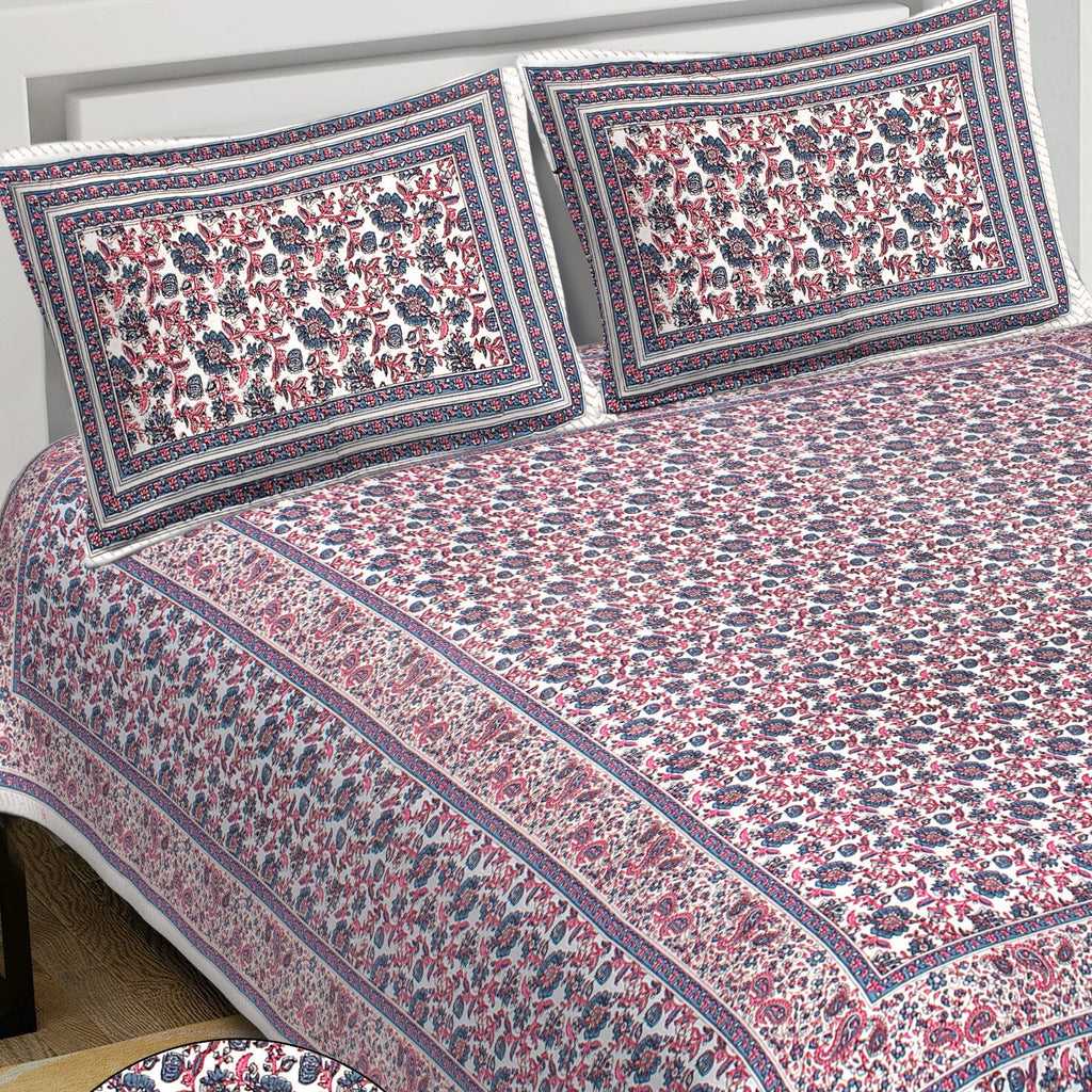 Rudra Bazaar Blue Pink 210 TC Cotton Double King Bedsheet With 2 Pillow Covers - Distacart