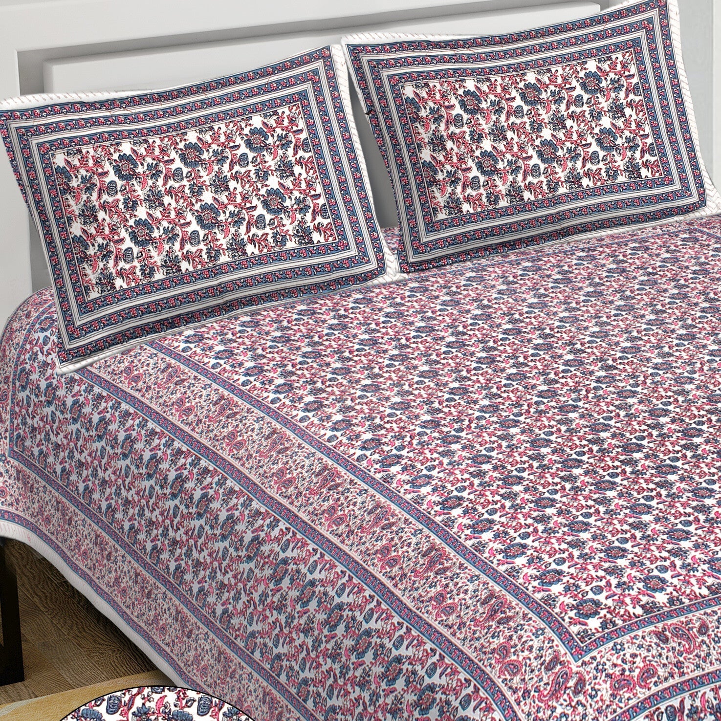 Rudra Bazaar Blue Pink 210 TC Cotton Double King Bedsheet With 2 Pillow Covers - Distacart