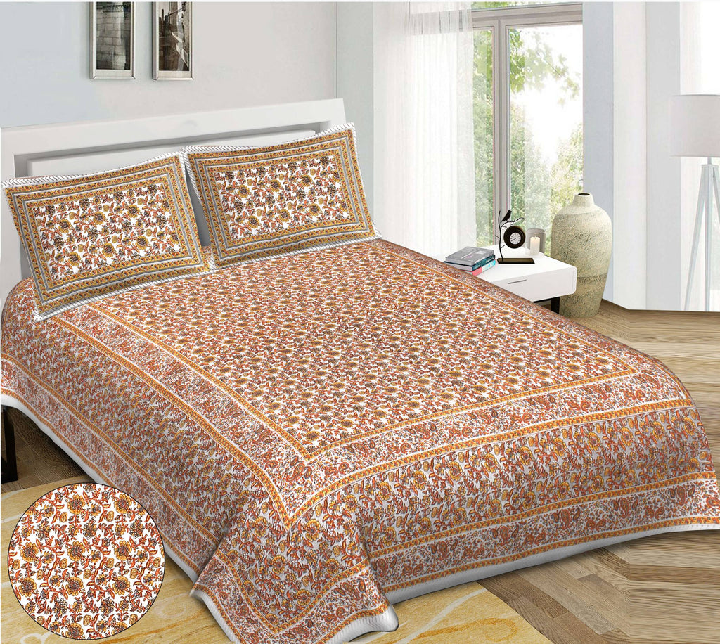 Rudra Bazaar Orange 210 TC Cotton Double King Bedsheet With 2 Pillow Covers - Distacart