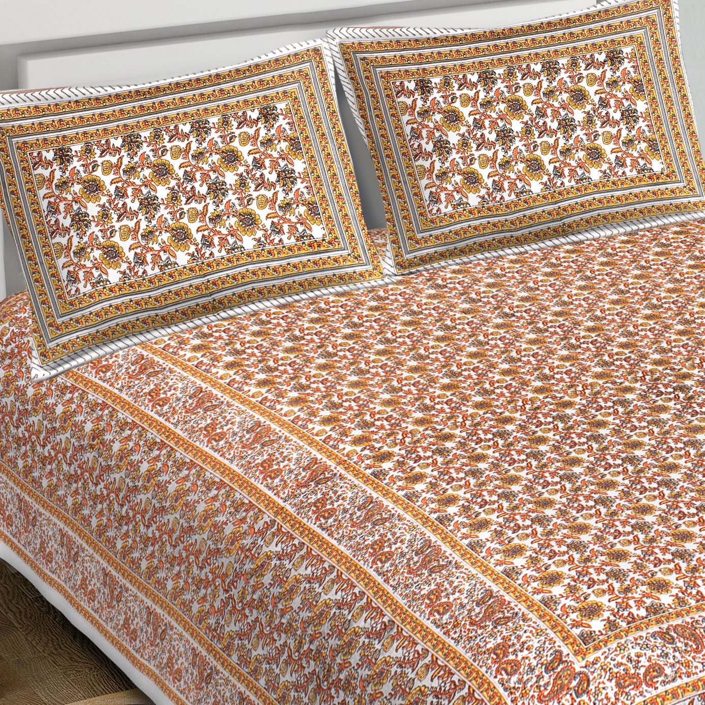 Rudra Bazaar Orange 210 TC Cotton Double King Bedsheet With 2 Pillow Covers - Distacart