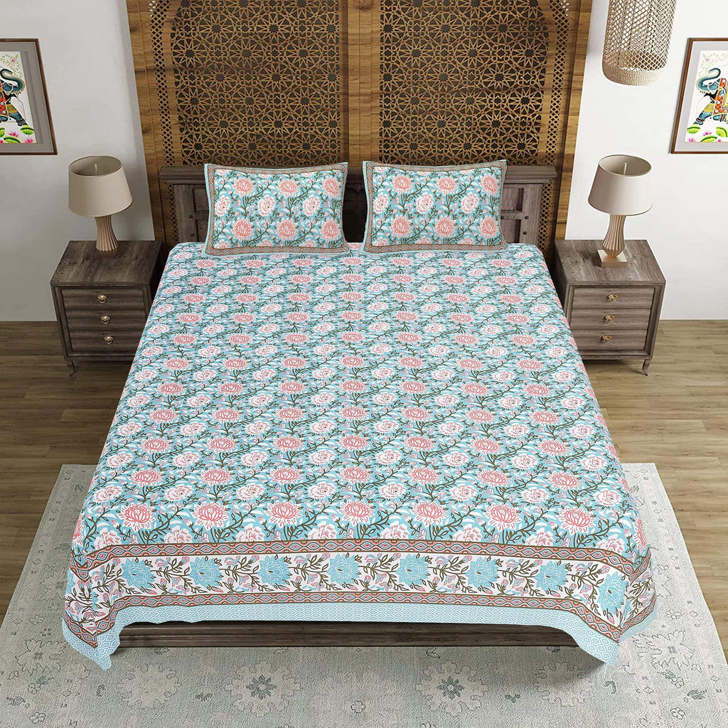 Rudra Bazaar Blue 210 TC Cotton Double King Bedsheet With 2 Pillow Covers - Distacart
