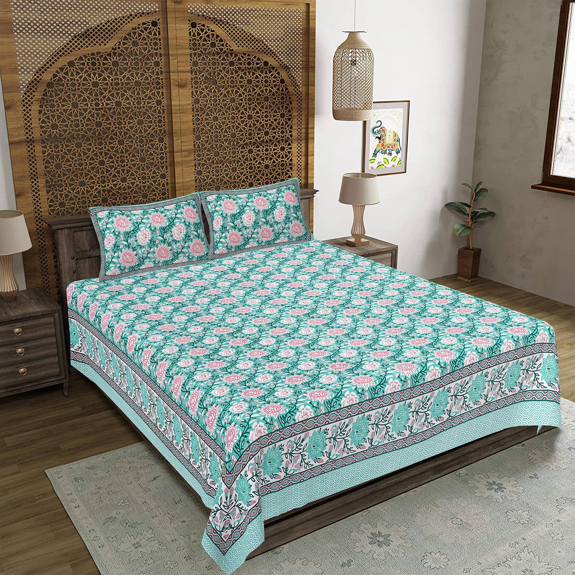 Rudra Bazaar Sea Green 210 TC Cotton Double King Bedsheet With 2 Pillow Covers - Distacart