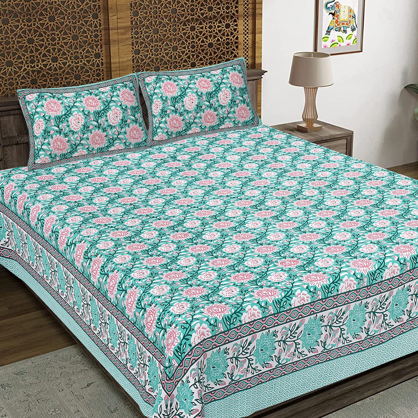 Rudra Bazaar Sea Green 210 TC Cotton Double King Bedsheet With 2 Pillow Covers - Distacart